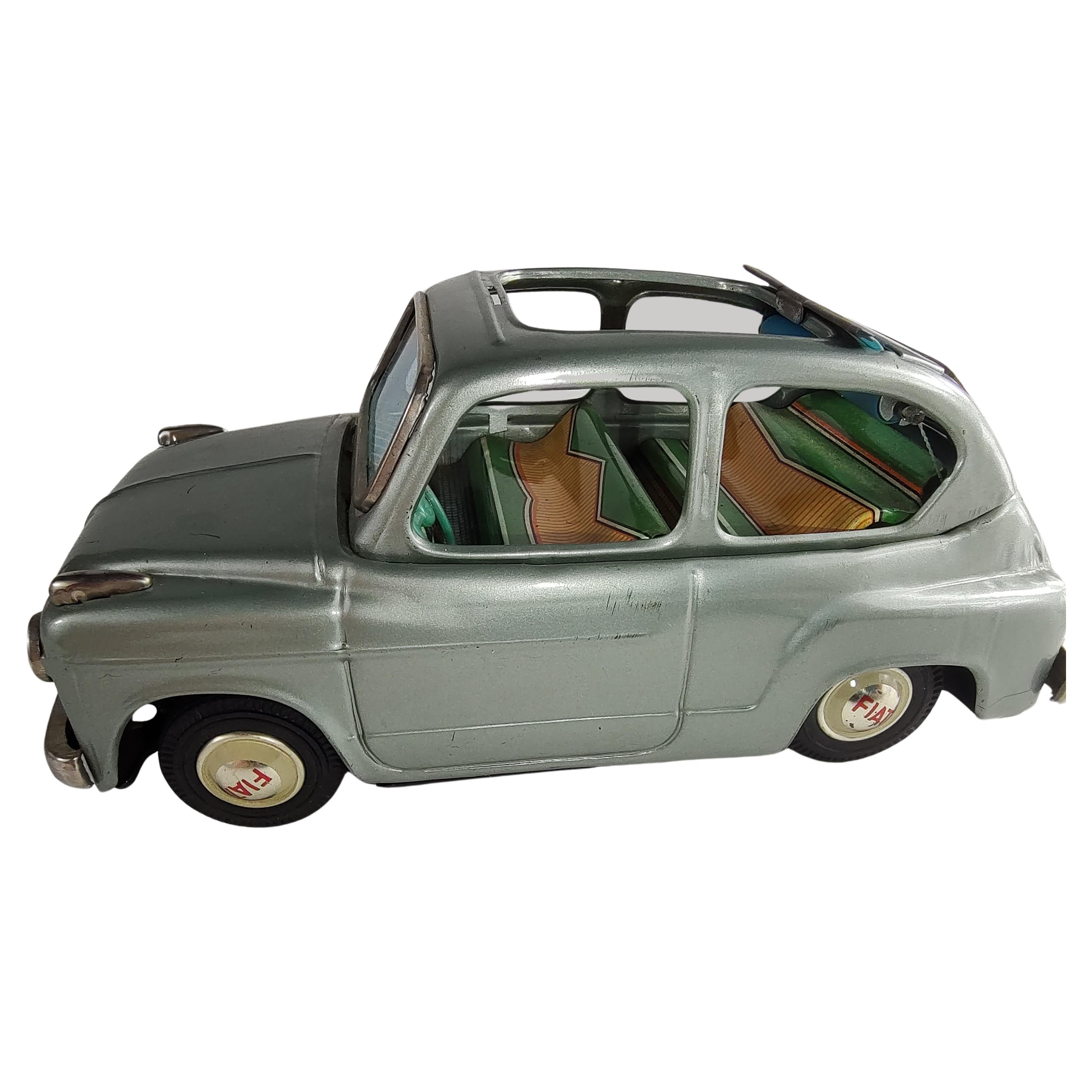 Hand-Crafted Midcentury Friction Tin Litho Soft Top Toy Car Fiat 600 by Bandai Japan For Sale