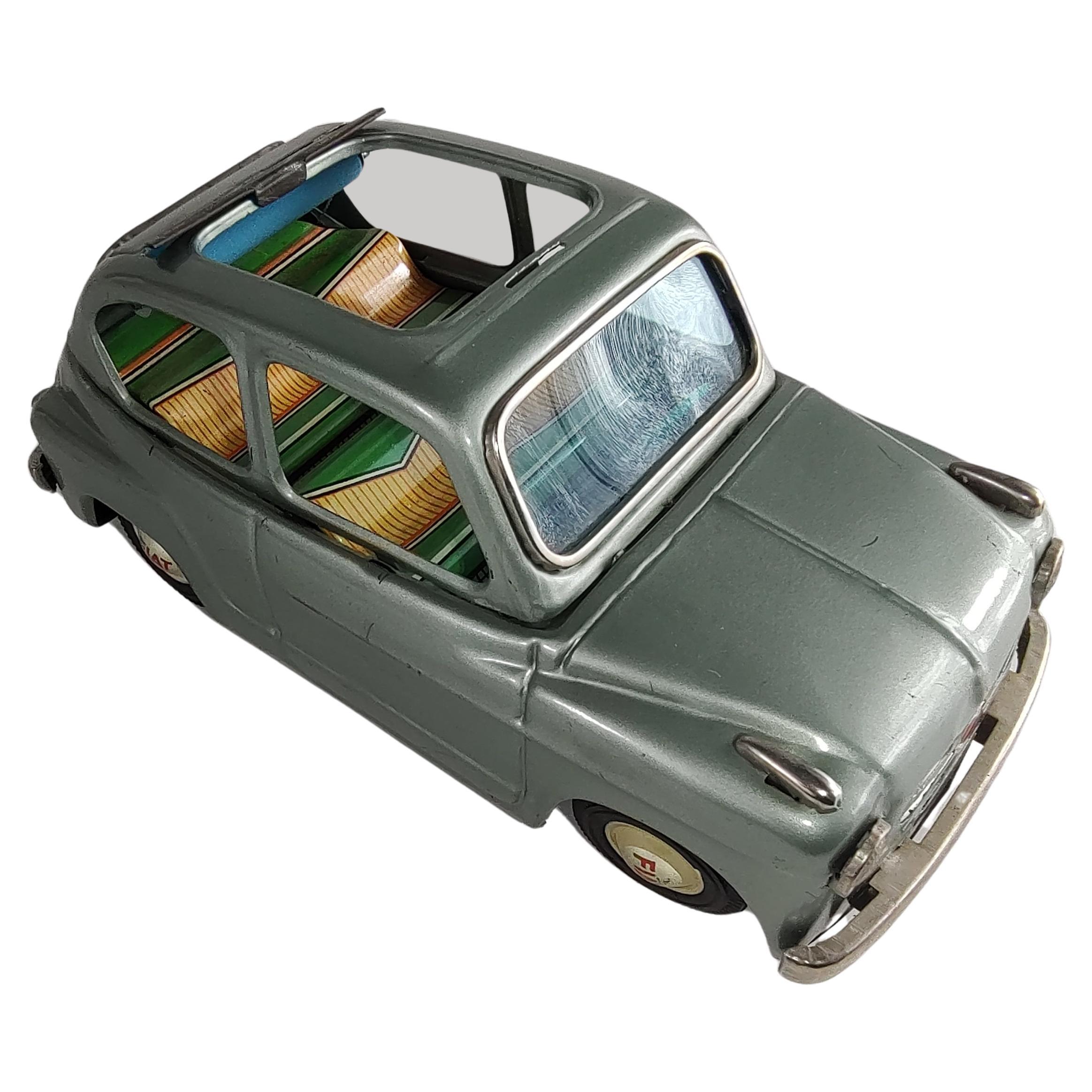 Japanese Midcentury Friction Tin Litho Soft Top Toy Car Fiat 600 by Bandai Japan For Sale