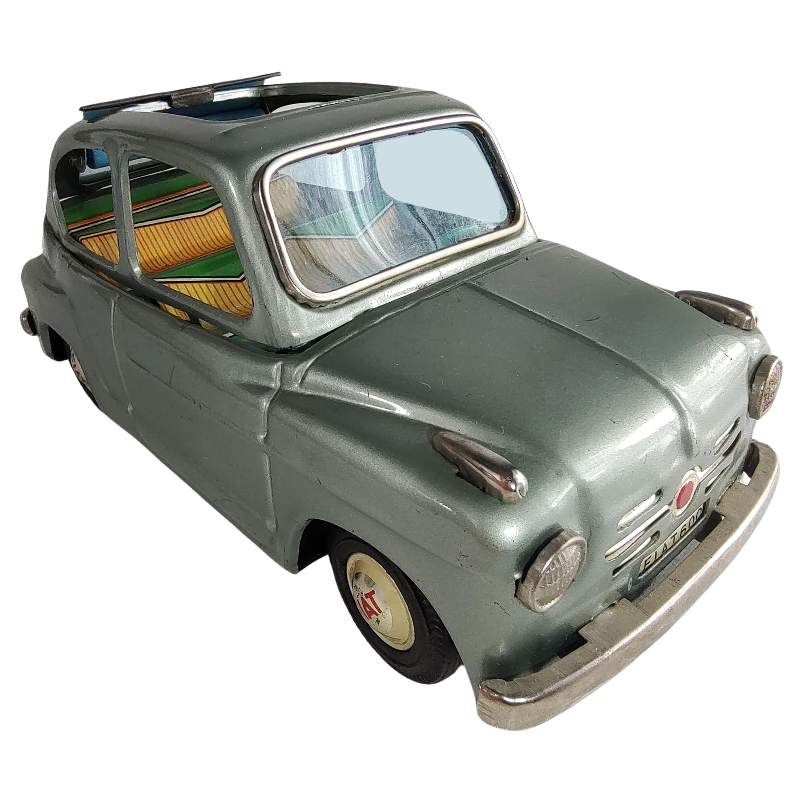 Midcentury Friction Tin Litho Soft Top Toy Car Fiat 600 by Bandai Japan For Sale