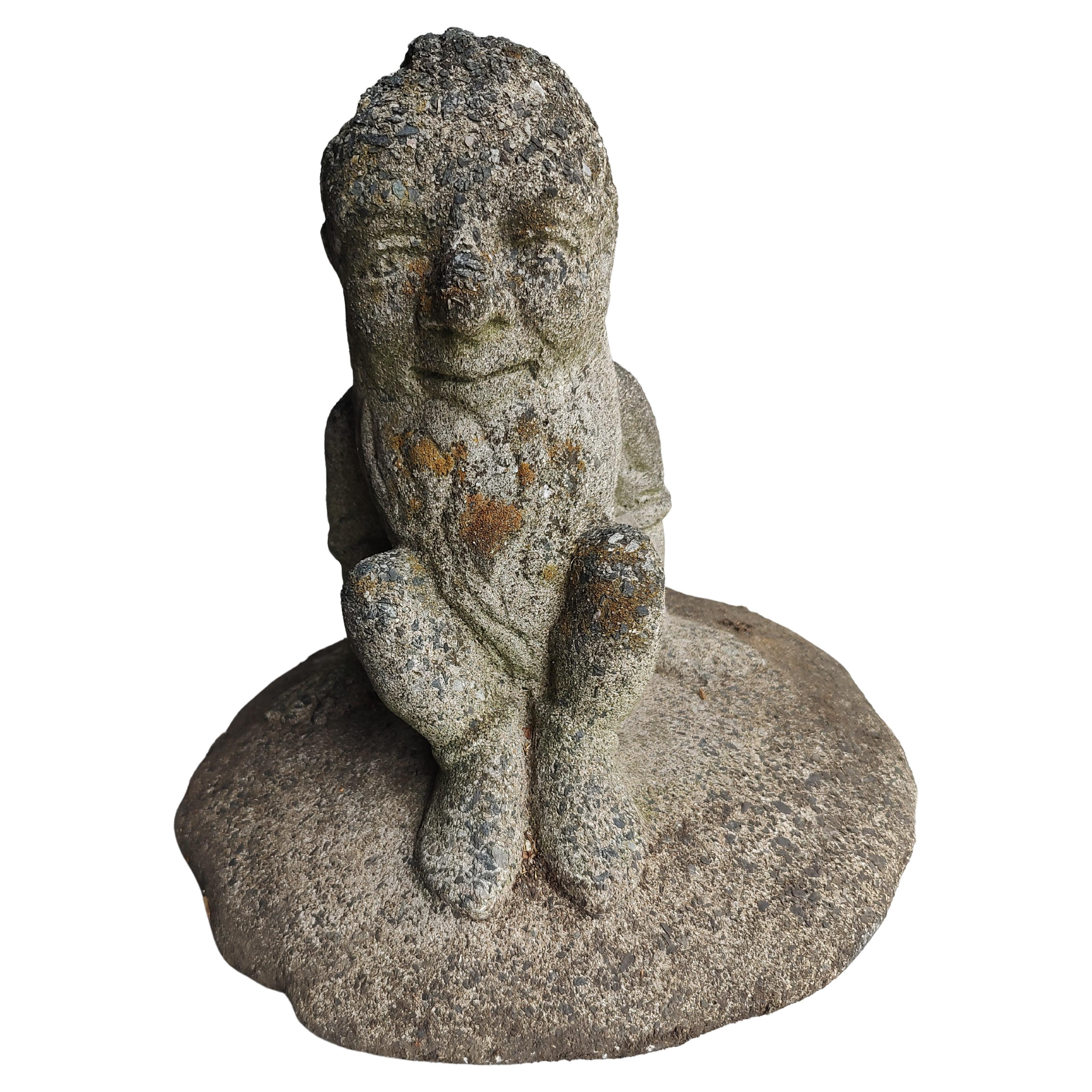 Early 20th Century Cast Stone Garden Gnome Sitting on a Pad For Sale