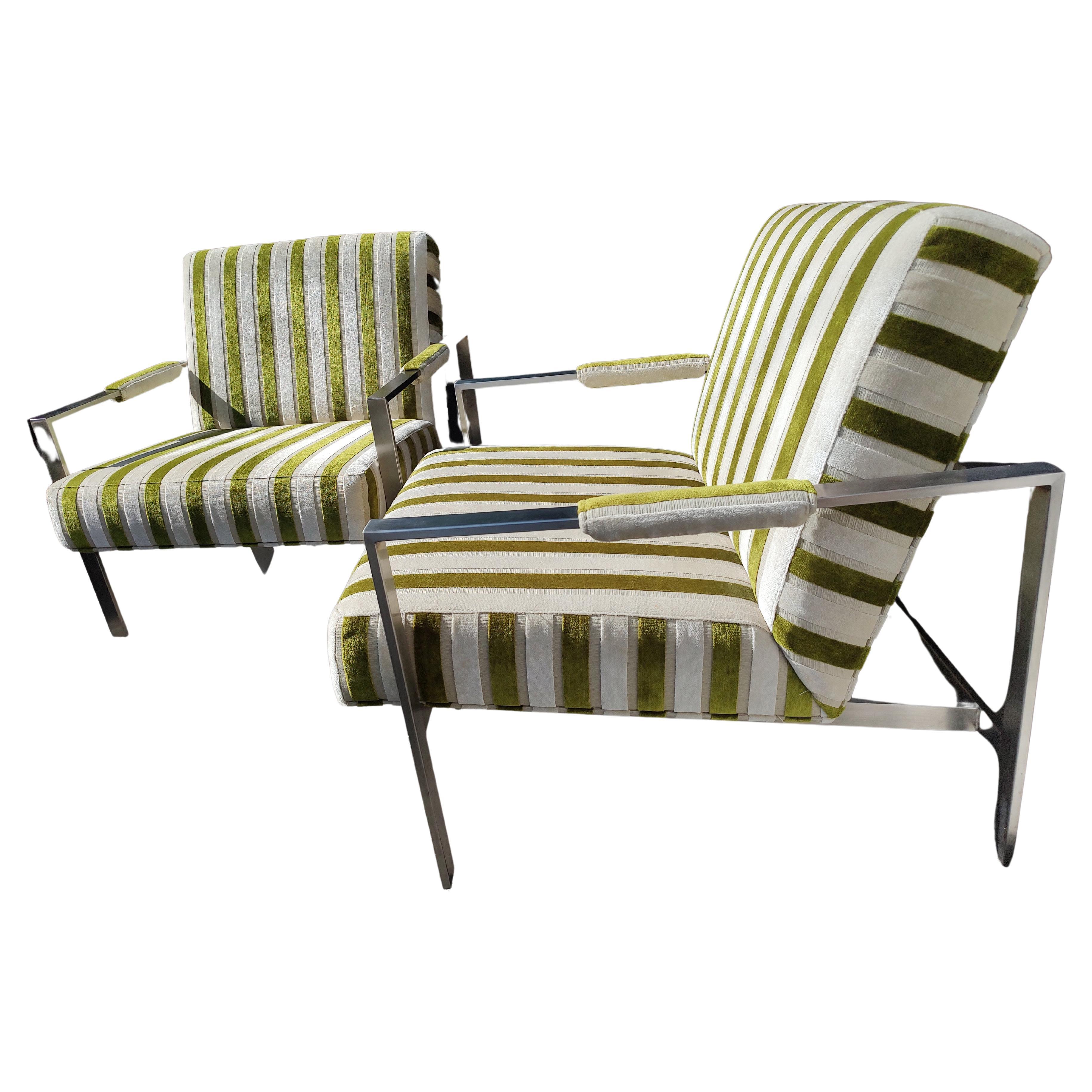 Pair of Thayer Coggin Lounge Chairs Stainless Steel Attributed to Milo Baughman For Sale
