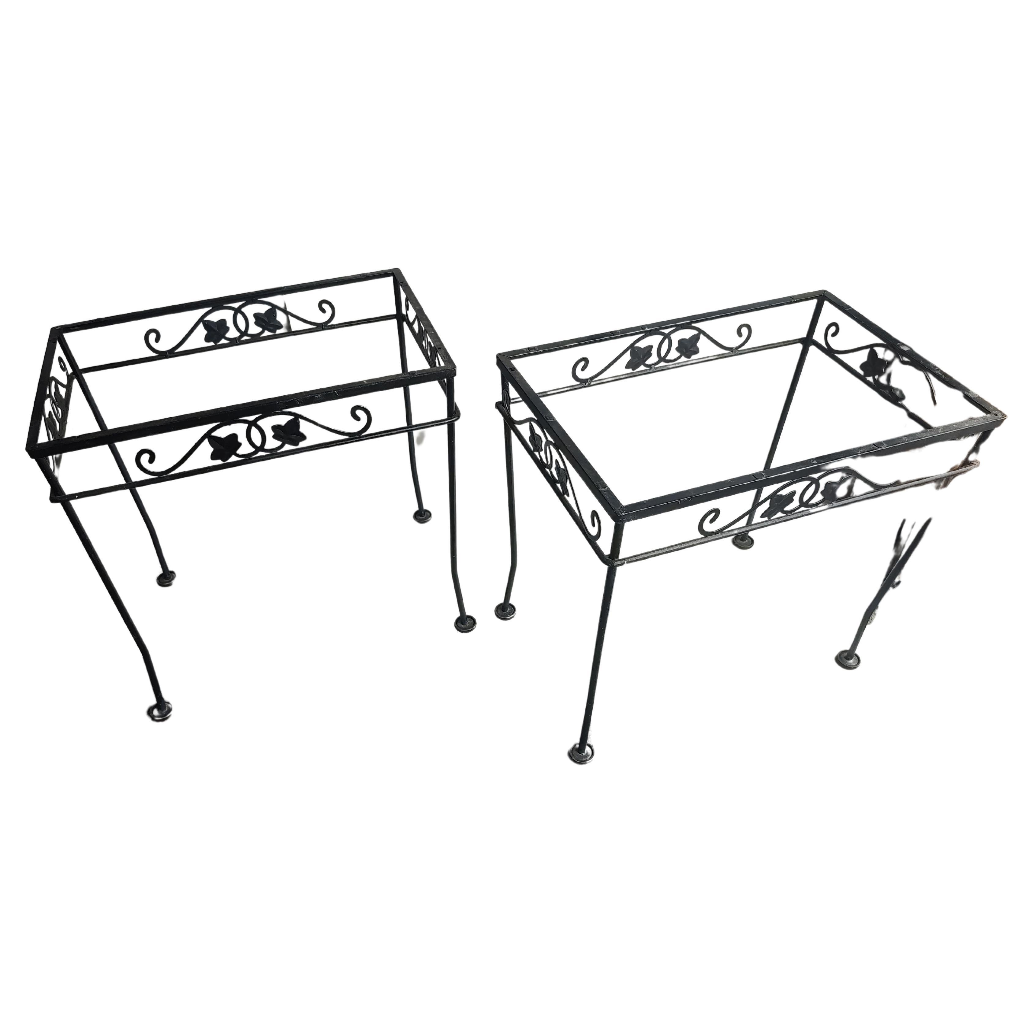 American Pair of Midcentury Iron with Textured Glass Top End Tables by John Salterini For Sale