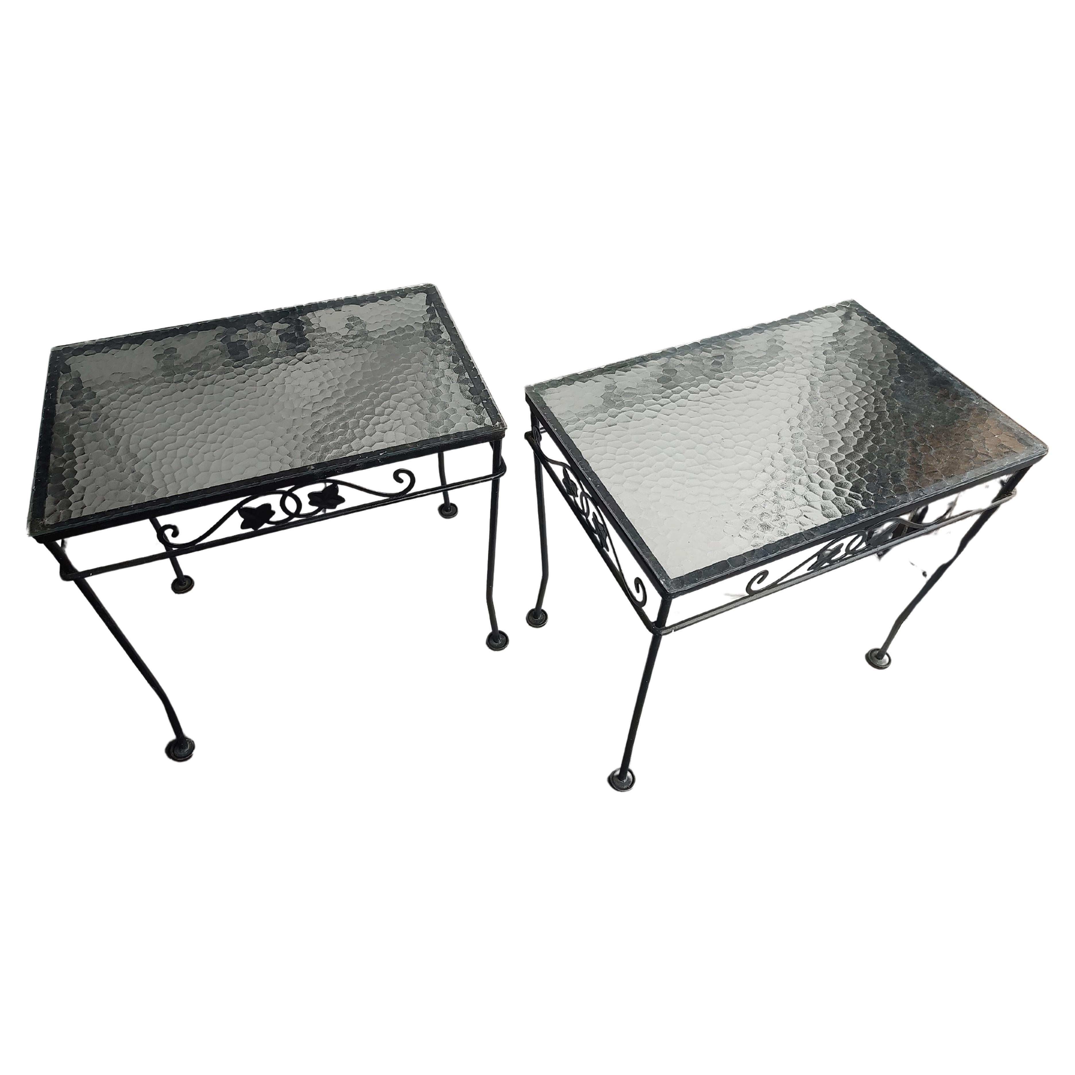 Pair of Midcentury Iron with Textured Glass Top End Tables by John Salterini For Sale