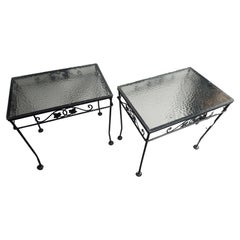 Pair of Midcentury Iron with Textured Glass Top End Tables by John Salterini