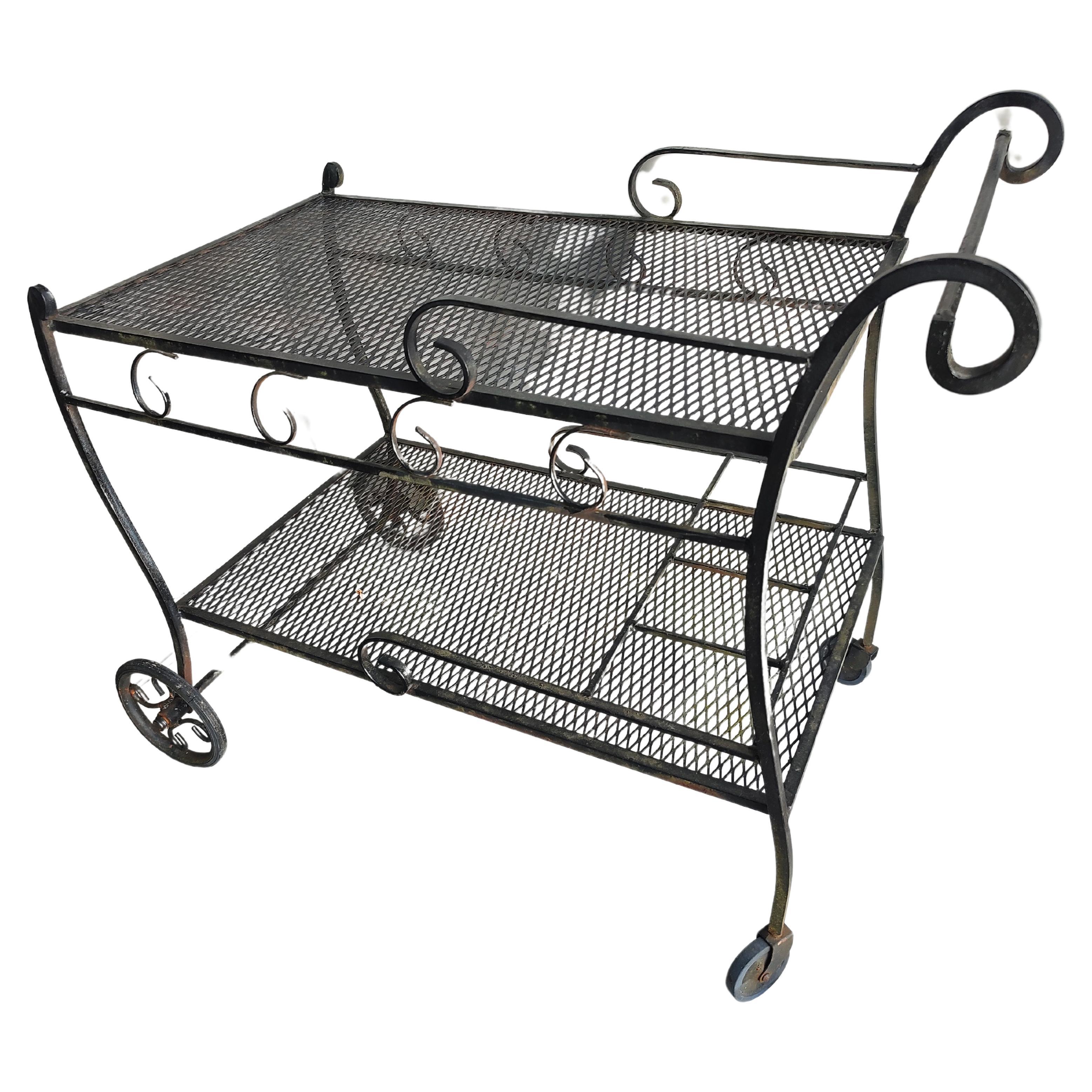 American Mid-Century Modern Wrought Iron Outdoor Bar Cart with Liquor Bottle Holder For Sale