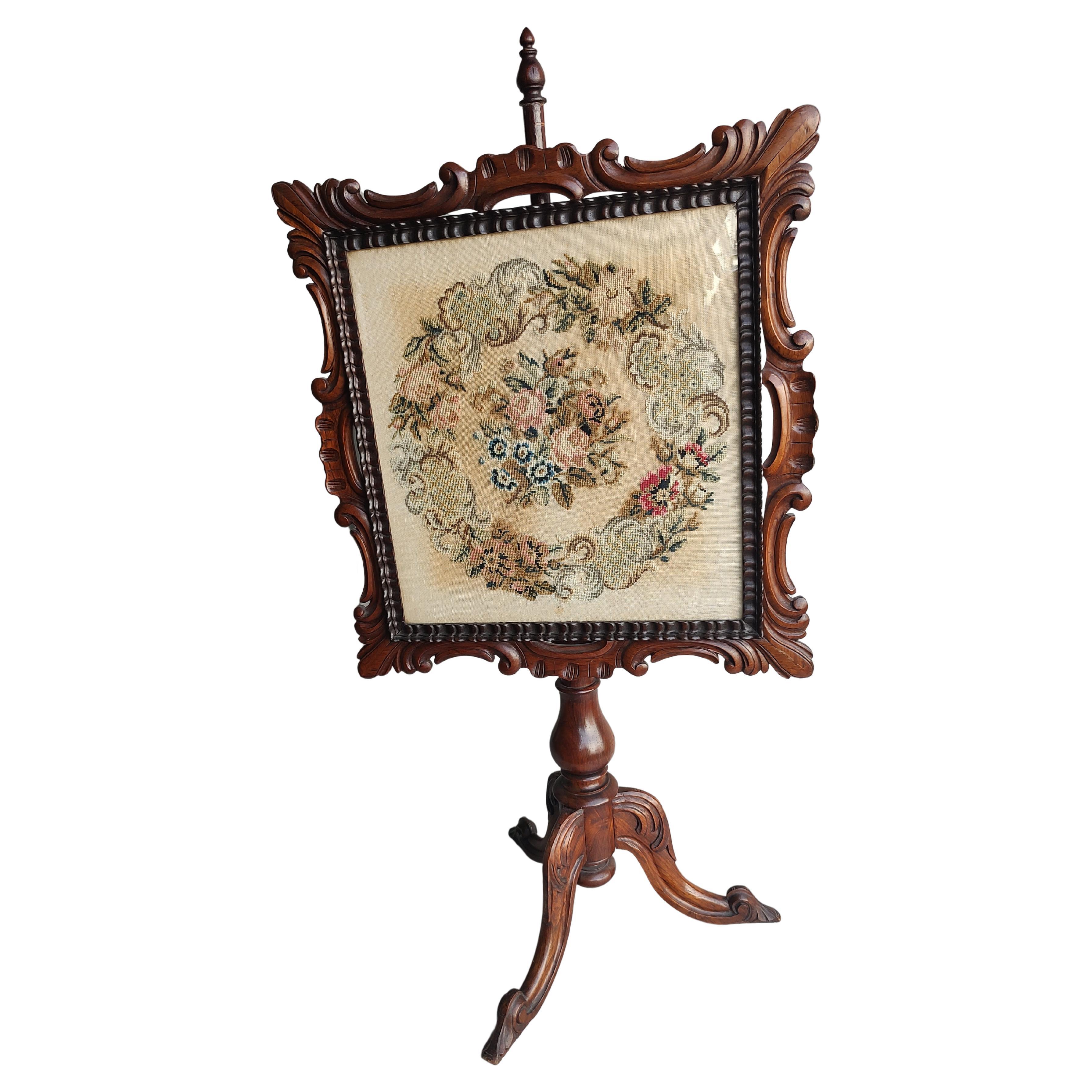 19thC Carved Rosewood with Floral Tapestry Fireplace Screen from Scotland For Sale
