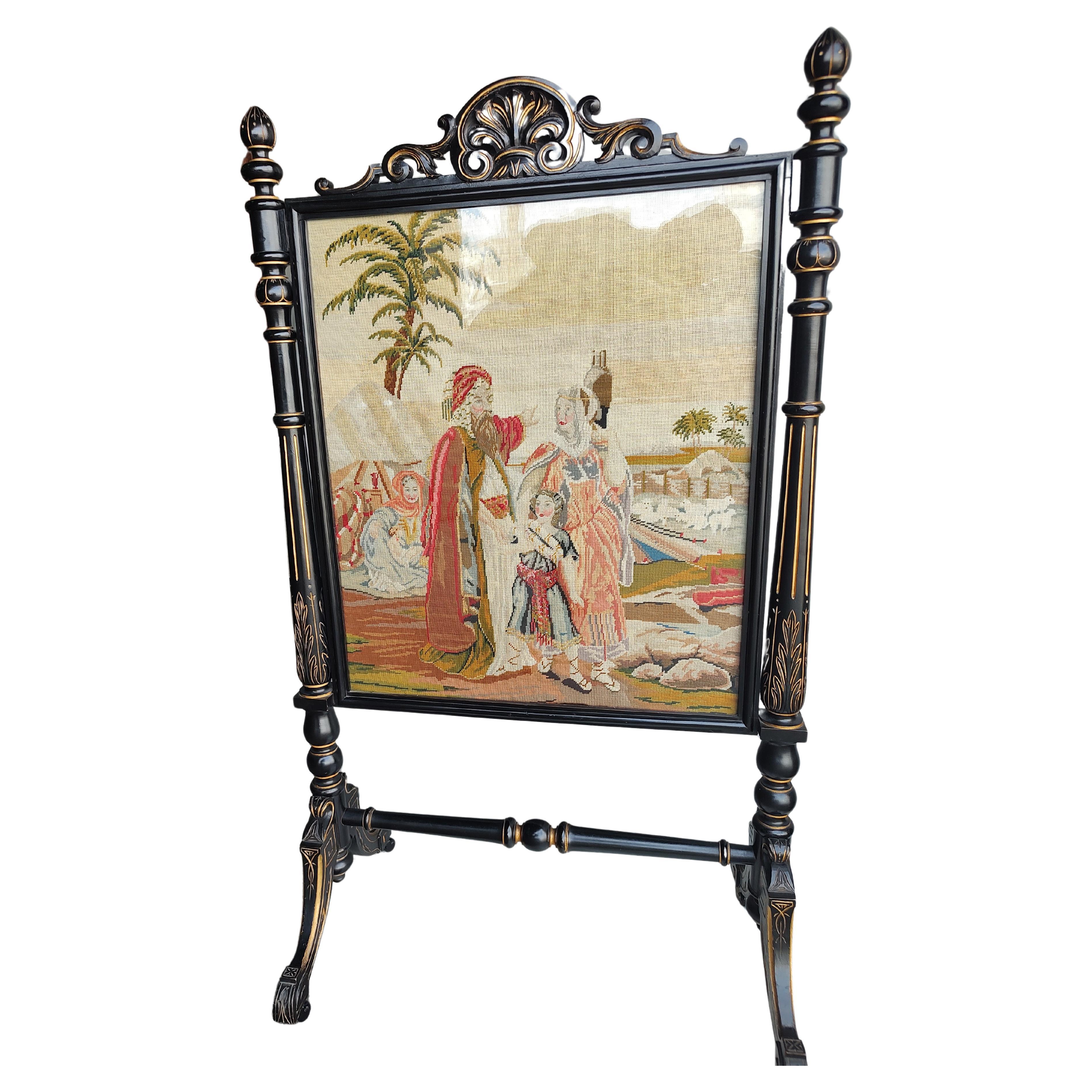 19th C Large Renaissance Revival Black Lacquer & Gilt Fireplace Screen Tapestry  For Sale 5