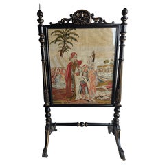 19th C Large Renaissance Revival Black Lacquer & Gilt Fireplace Screen Tapestry 