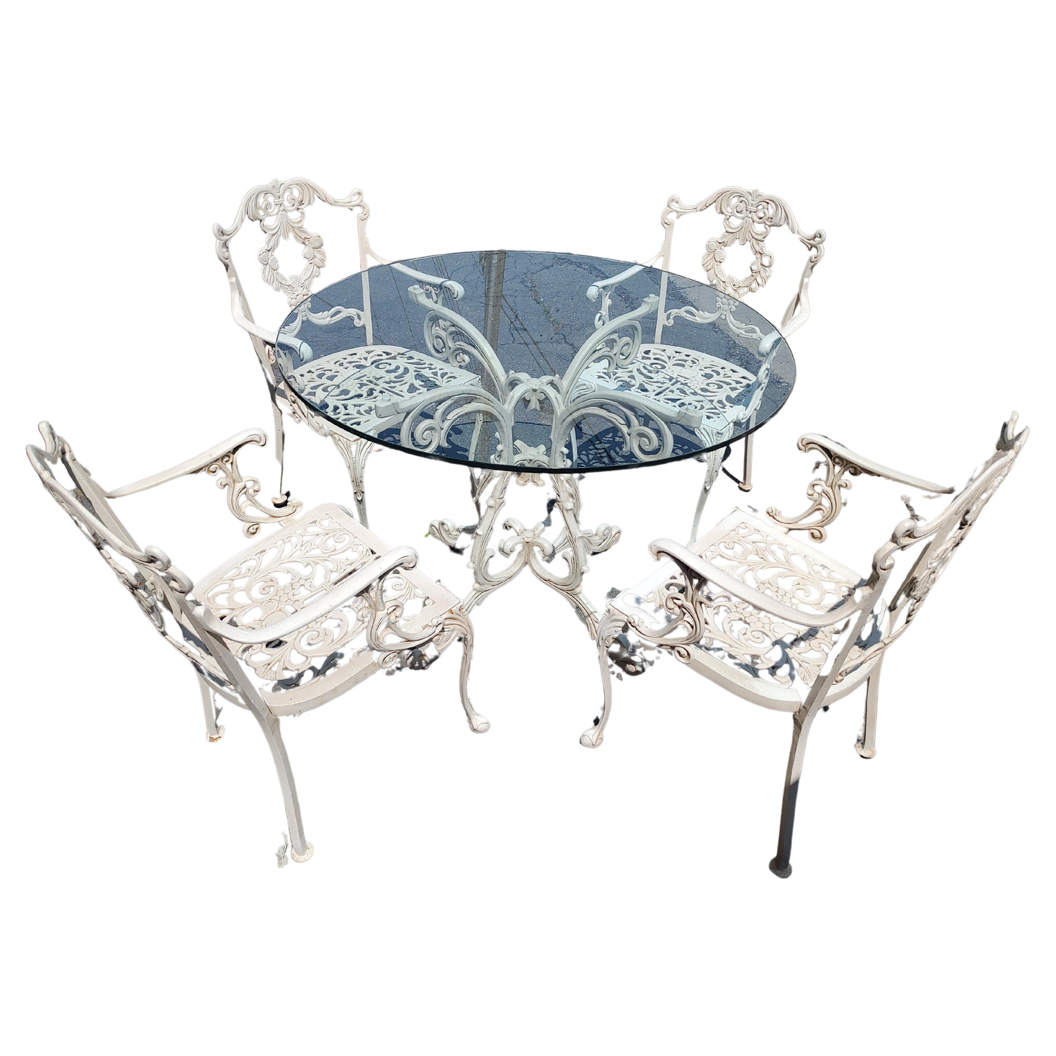 Indoor Outdoor Cast Aluminum 6 Pc Set of Molla Dining Room Table & 4 Chairs ko For Sale