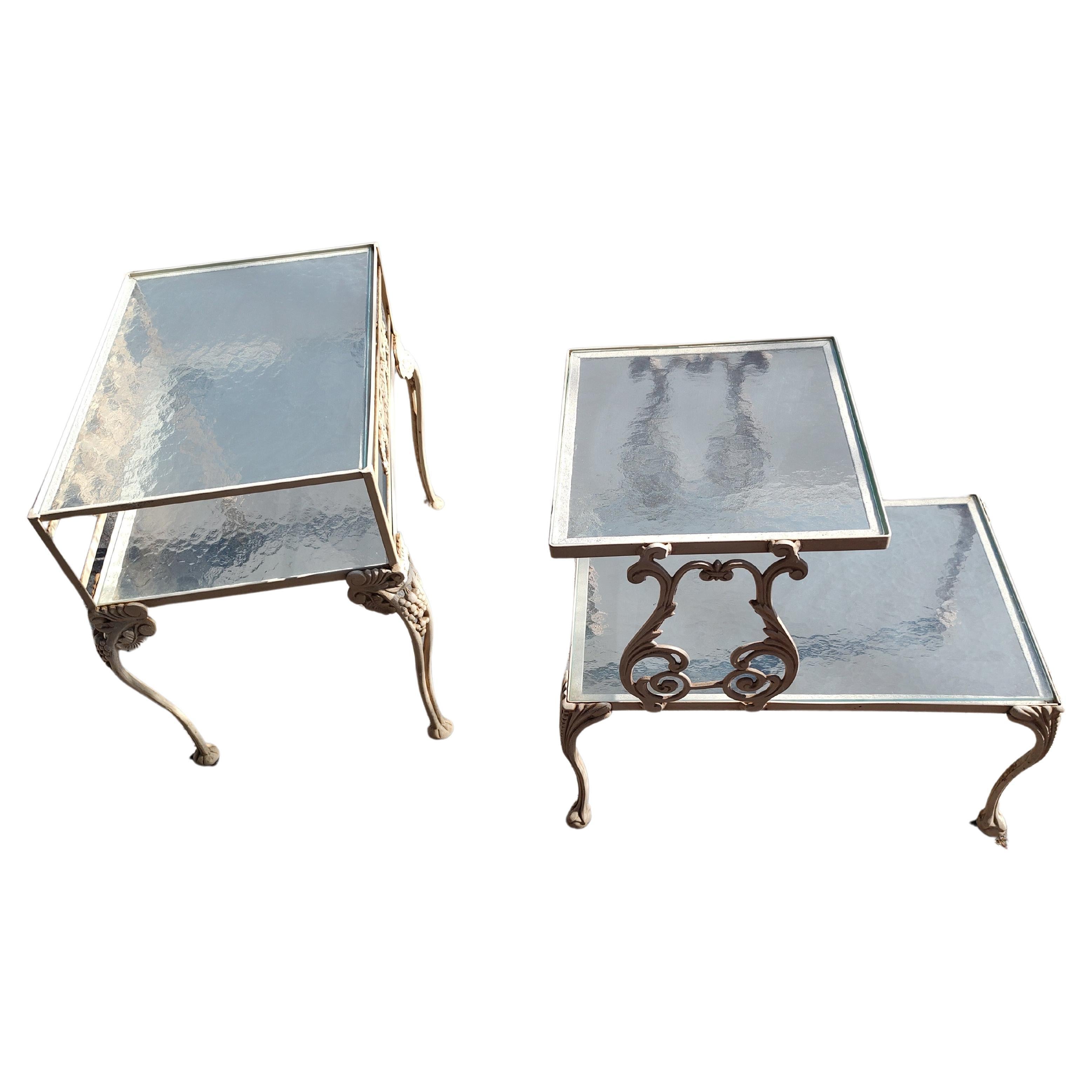 Italian Pair of Cast Aluminum End Tables by Molla of Italy Obscure Glass Tops with Shelf For Sale