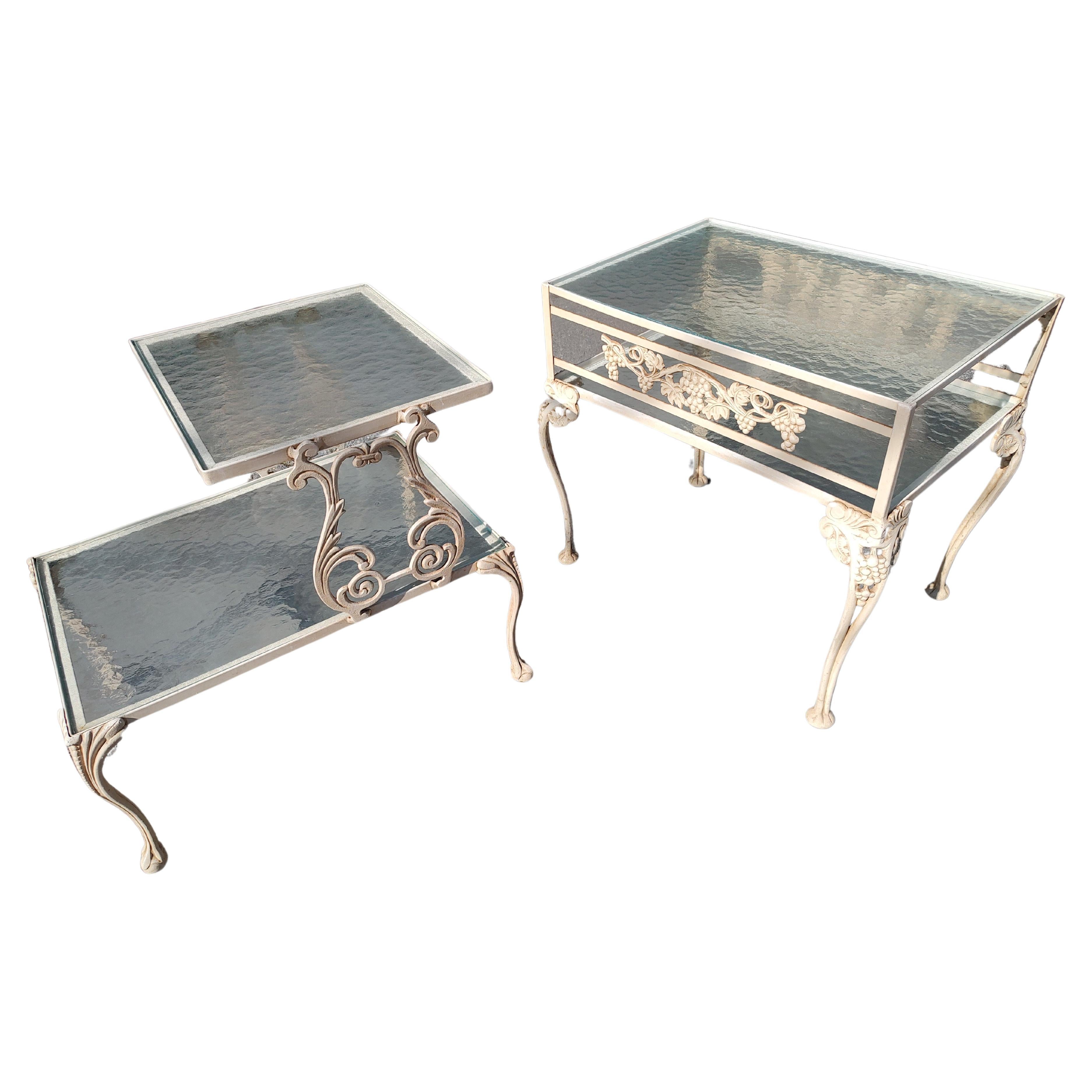 Pair of Cast Aluminum End Tables by Molla of Italy Obscure Glass Tops with Shelf For Sale