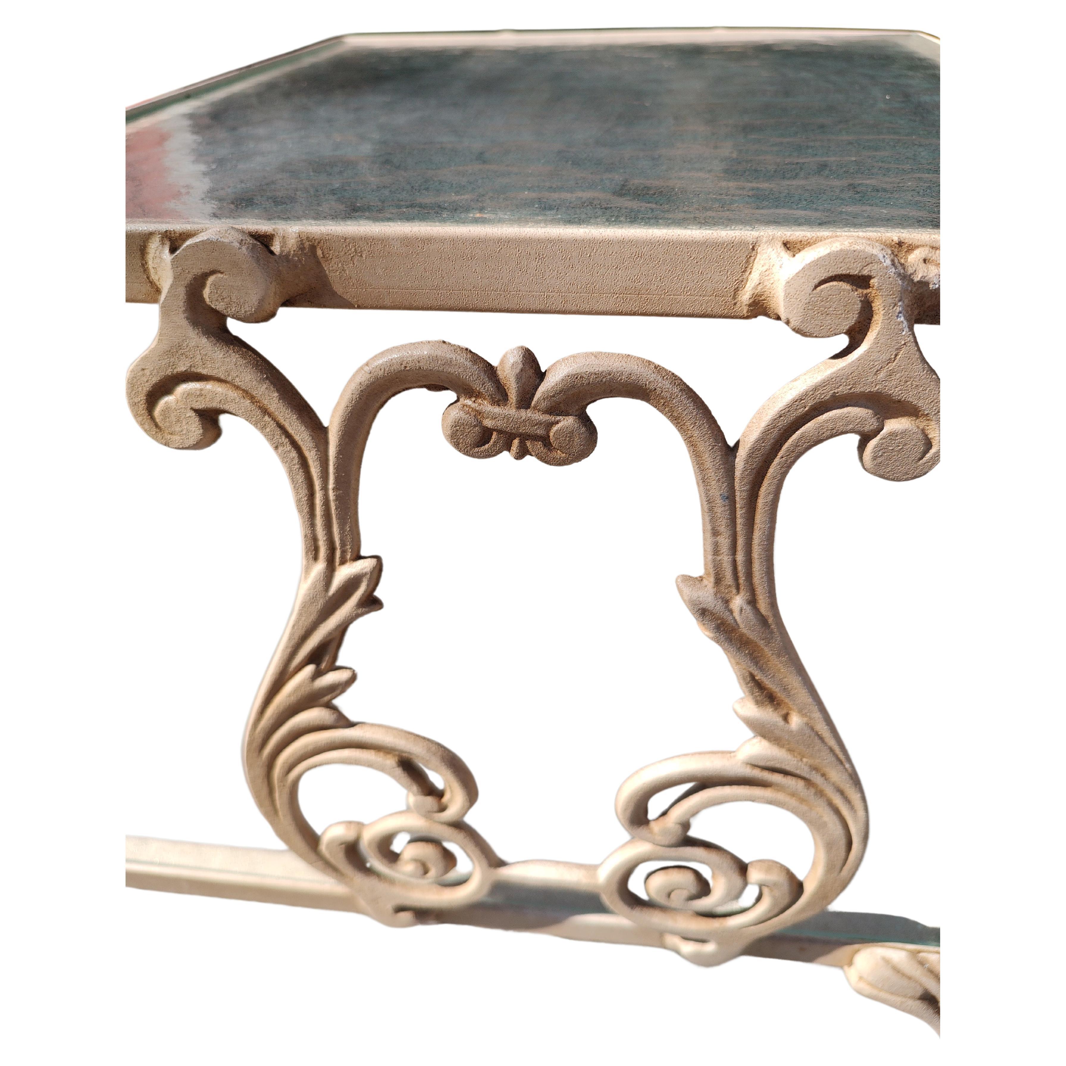 Baroque Revival Pair of Cast Aluminum End Tables by Molla of Italy Obscure Glass Tops with Shelf For Sale