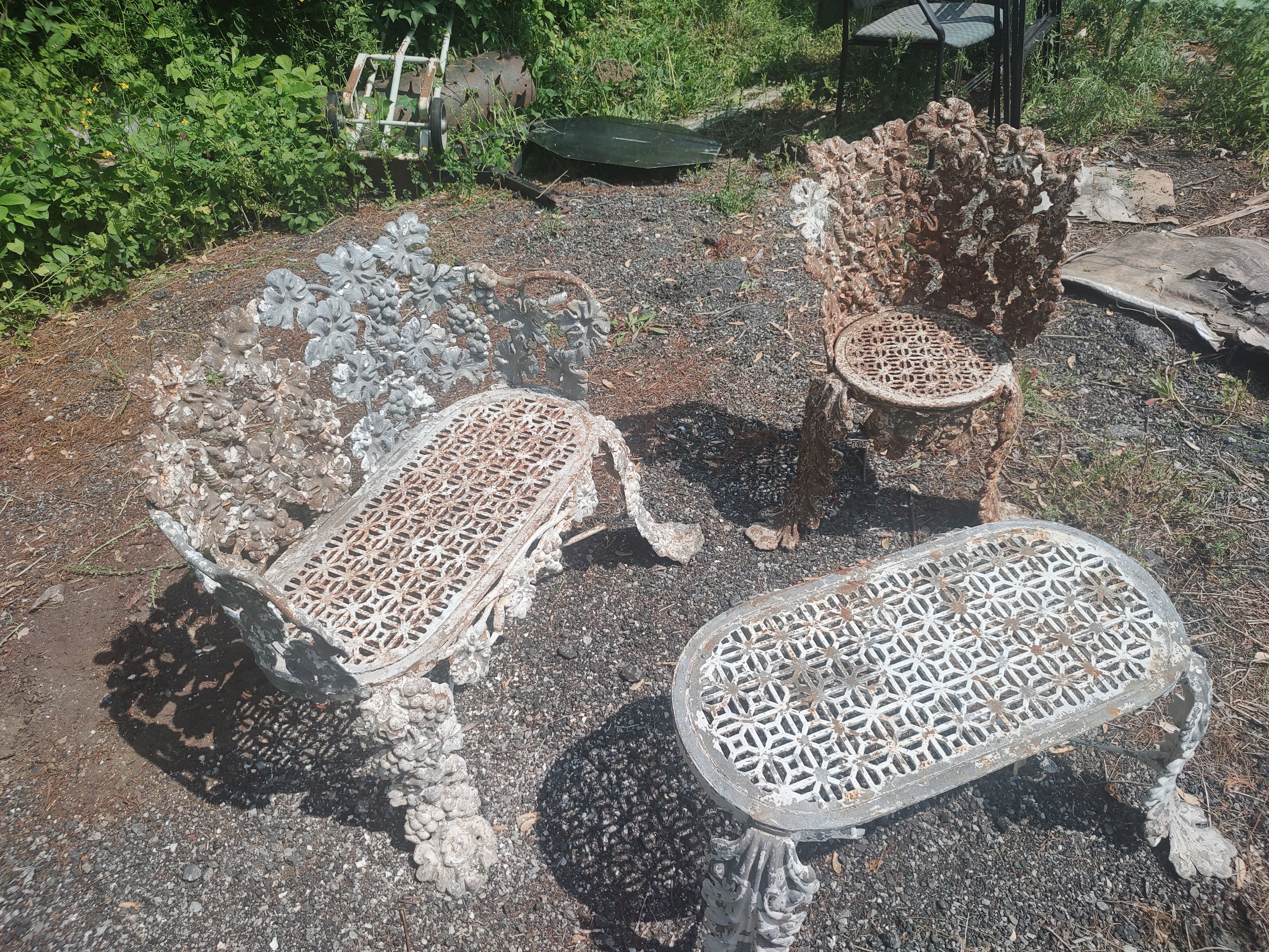 Antique Late 19th C Cast Iron 3 Piece Garden Set Bench a Chair and a Table Chair For Sale