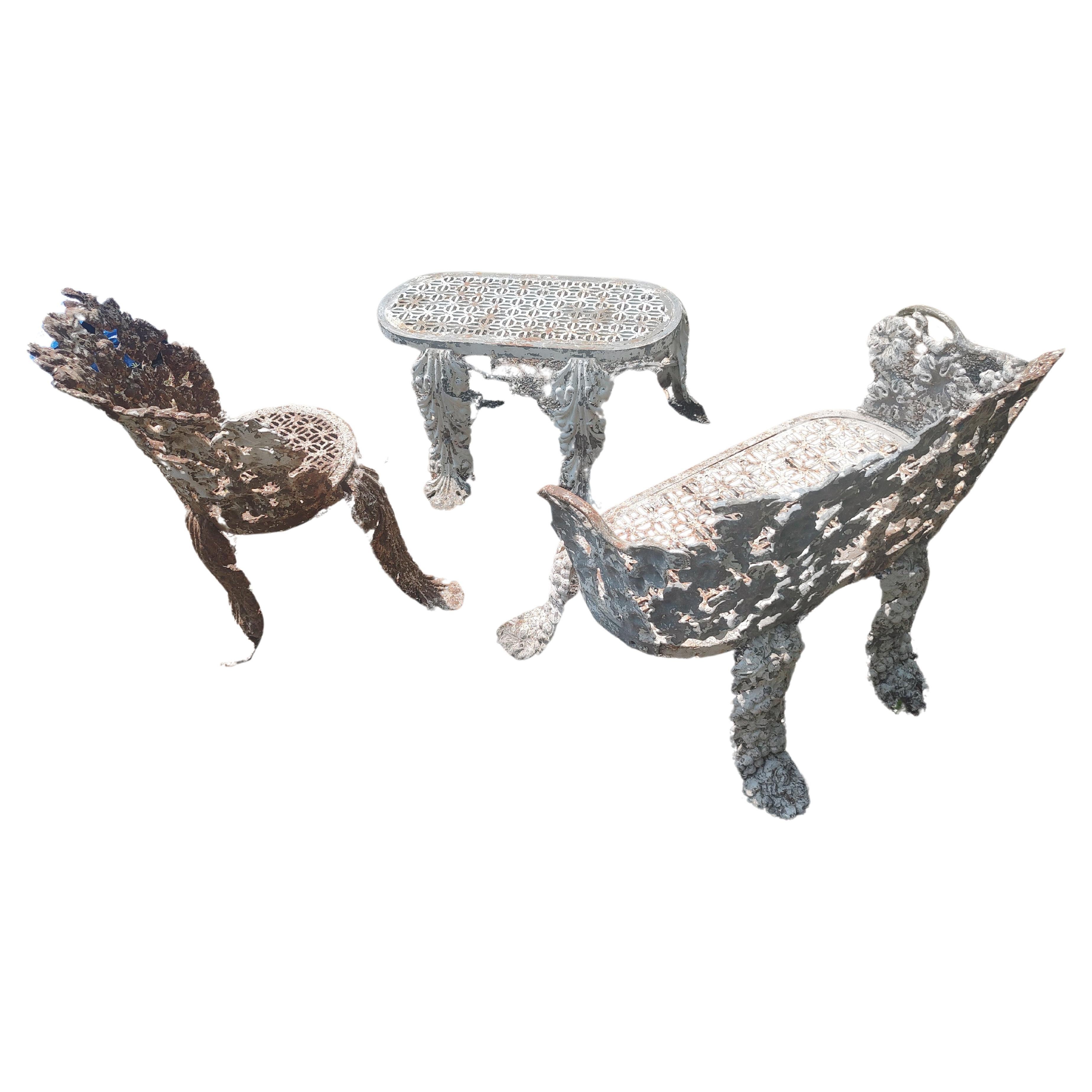 Antique Late 19th C Cast Iron 3 Piece Garden Set Bench a Chair and a Table Chair In Good Condition For Sale In Port Jervis, NY