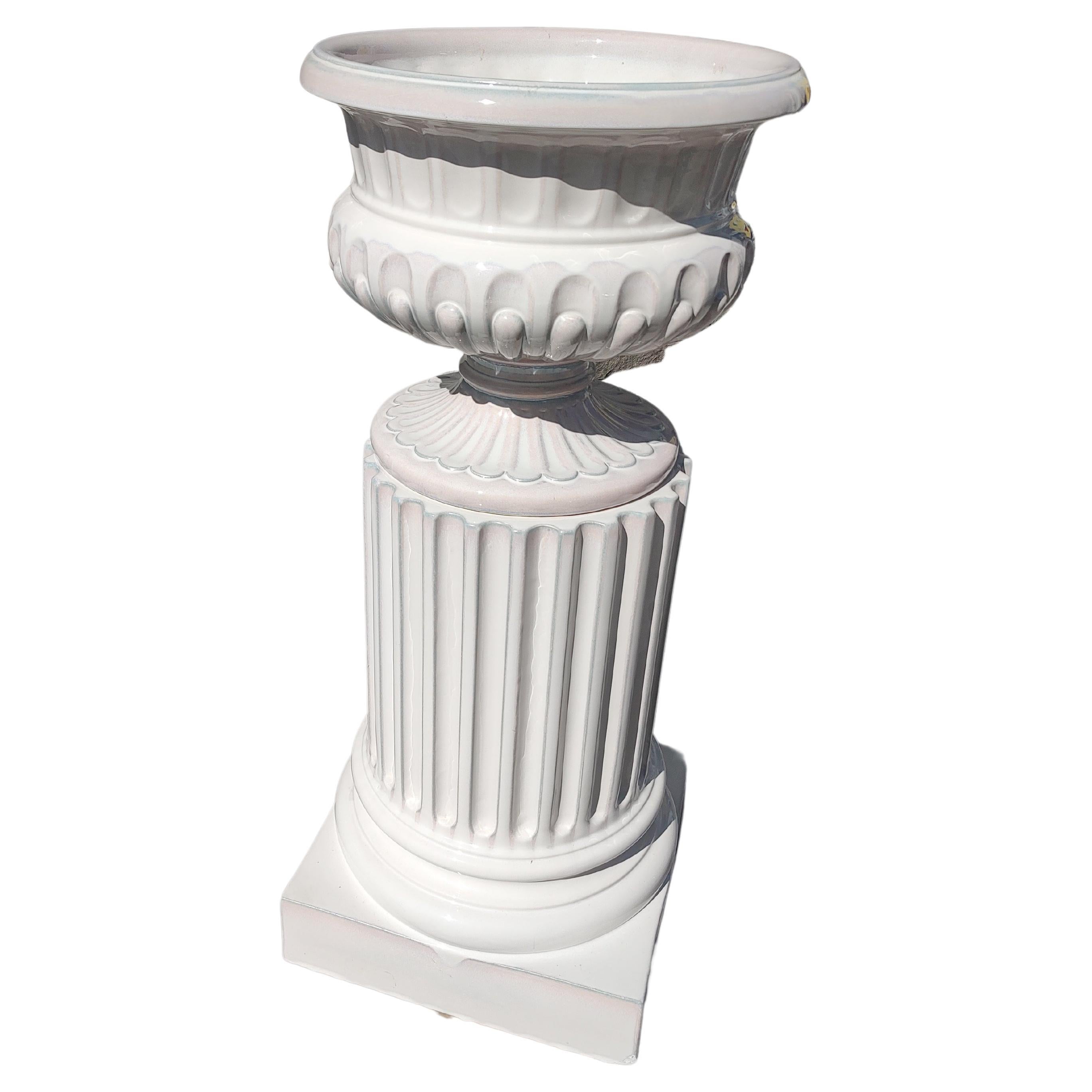 Large Hand Crafted 2 Piece Terracotta White Glazed Planter with Pedestal For Sale