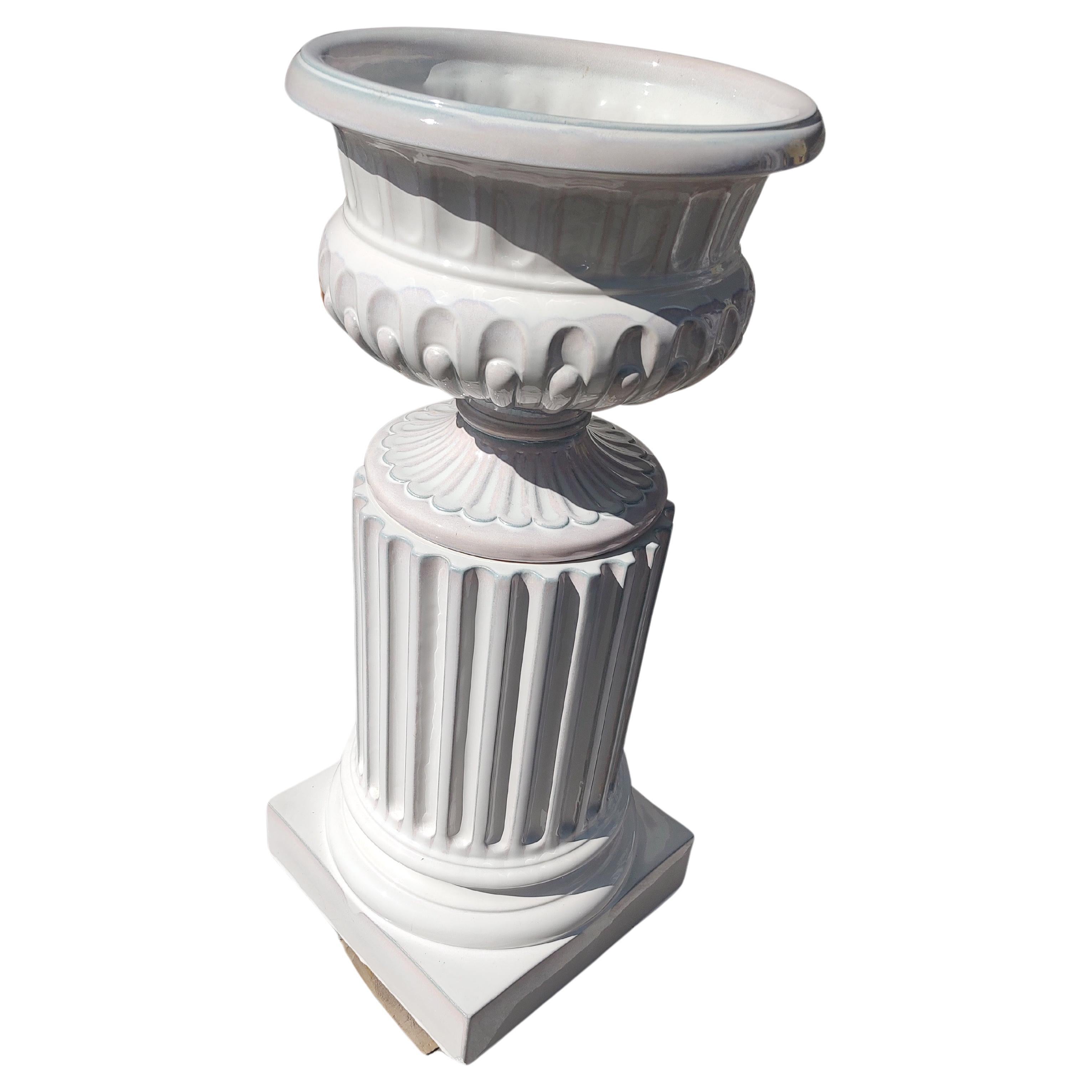 Large Hand Crafted 2 Piece Terracotta White Glazed Planter with Pedestal In Good Condition For Sale In Port Jervis, NY