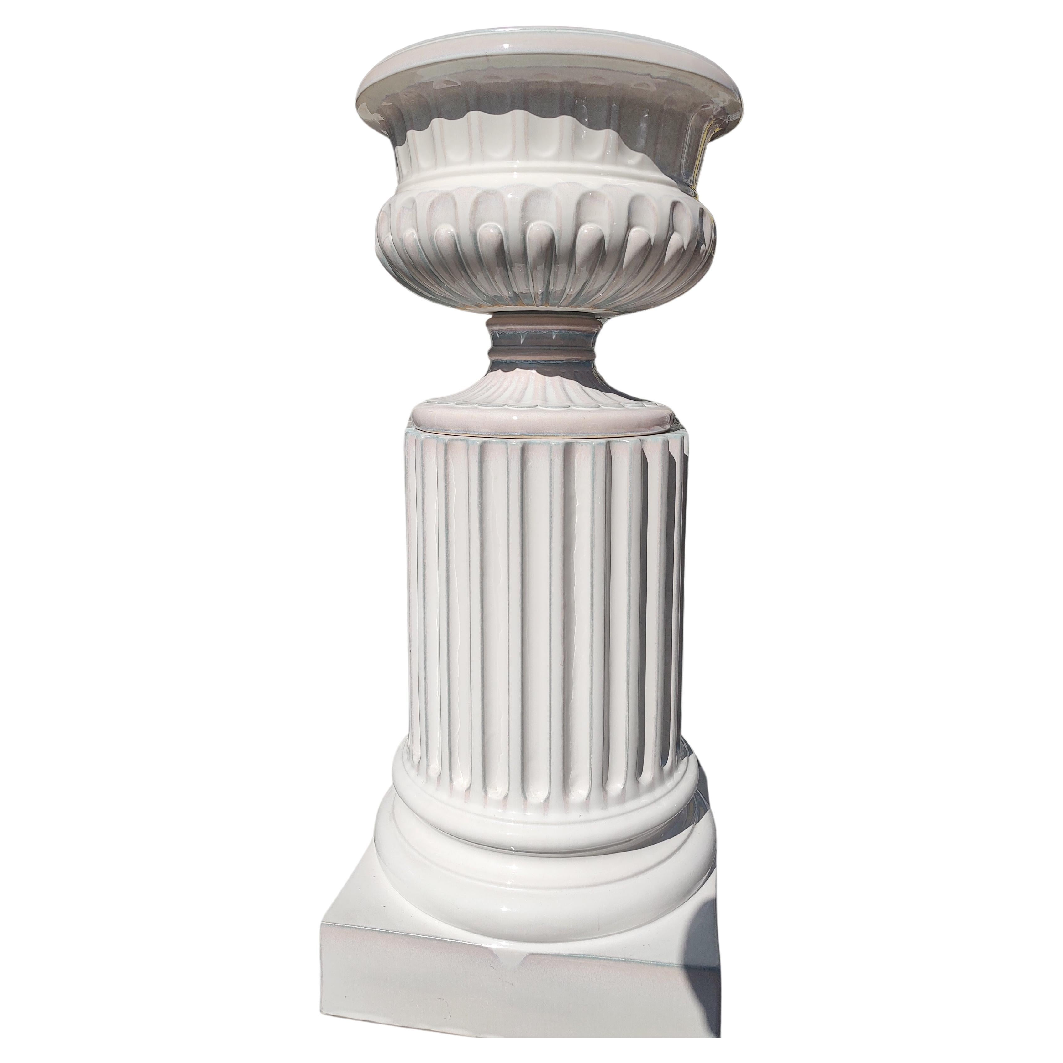 Italian Large Hand Crafted 2 Piece Terracotta White Glazed Planter with Pedestal For Sale