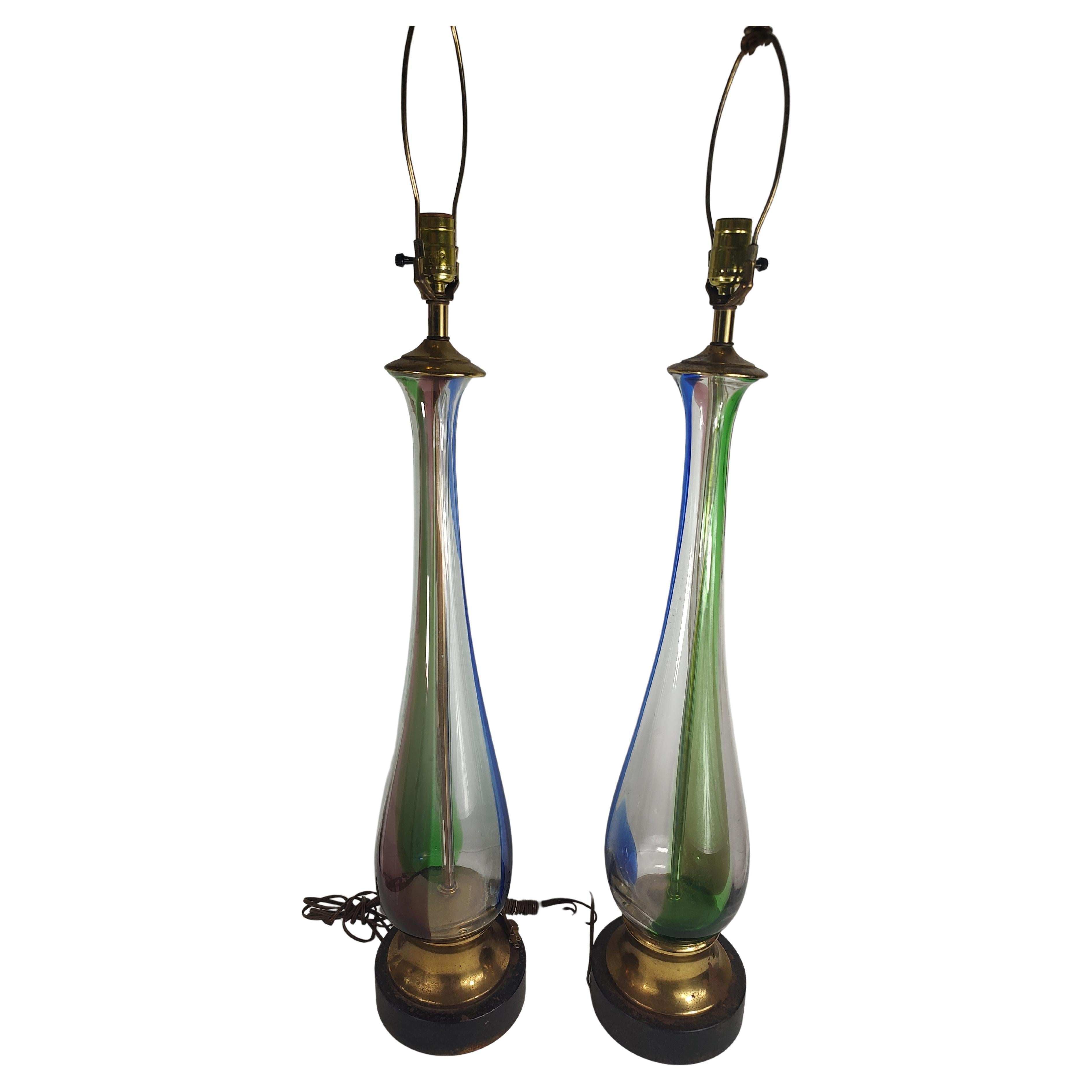 Pair Mid Century Modern Tall Hand Blown Table Lamps by Barovier & Toso Murano For Sale