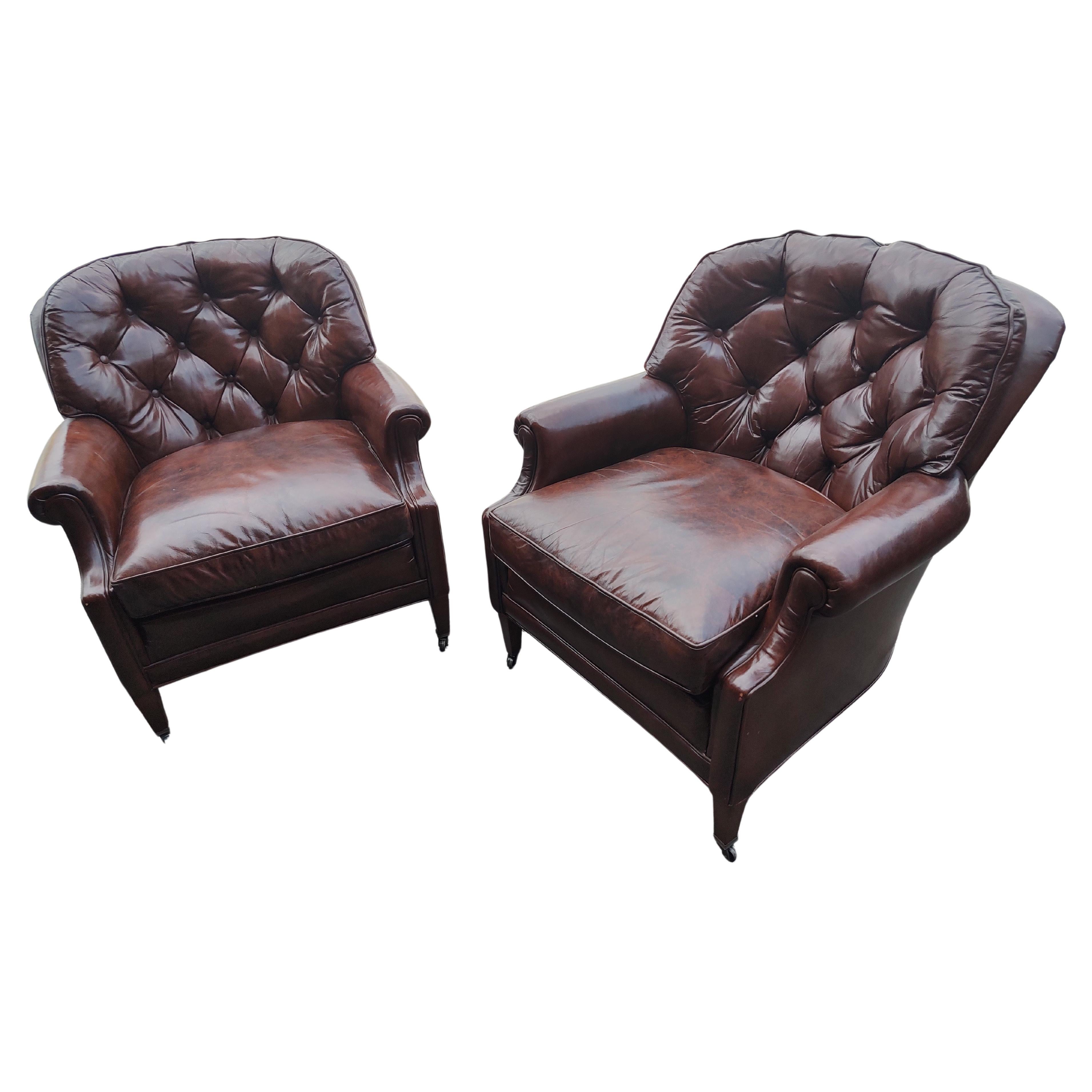 Pair of Button Tufted Leather Club Chairs from Bloomingdales Brothers C 1965 For Sale