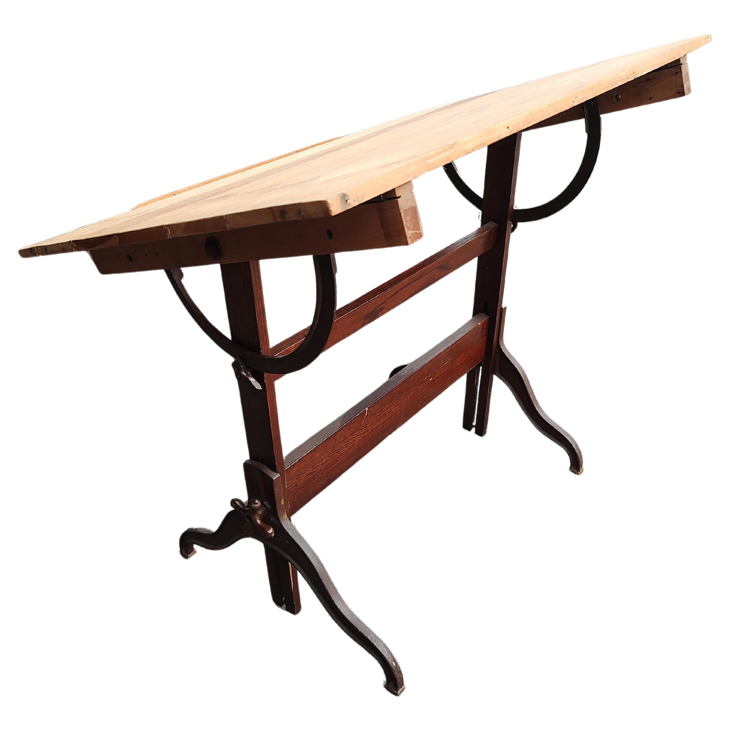 Antique Oak & Cast Iron Drafting Table by Dietzgen, circa 1935  For Sale