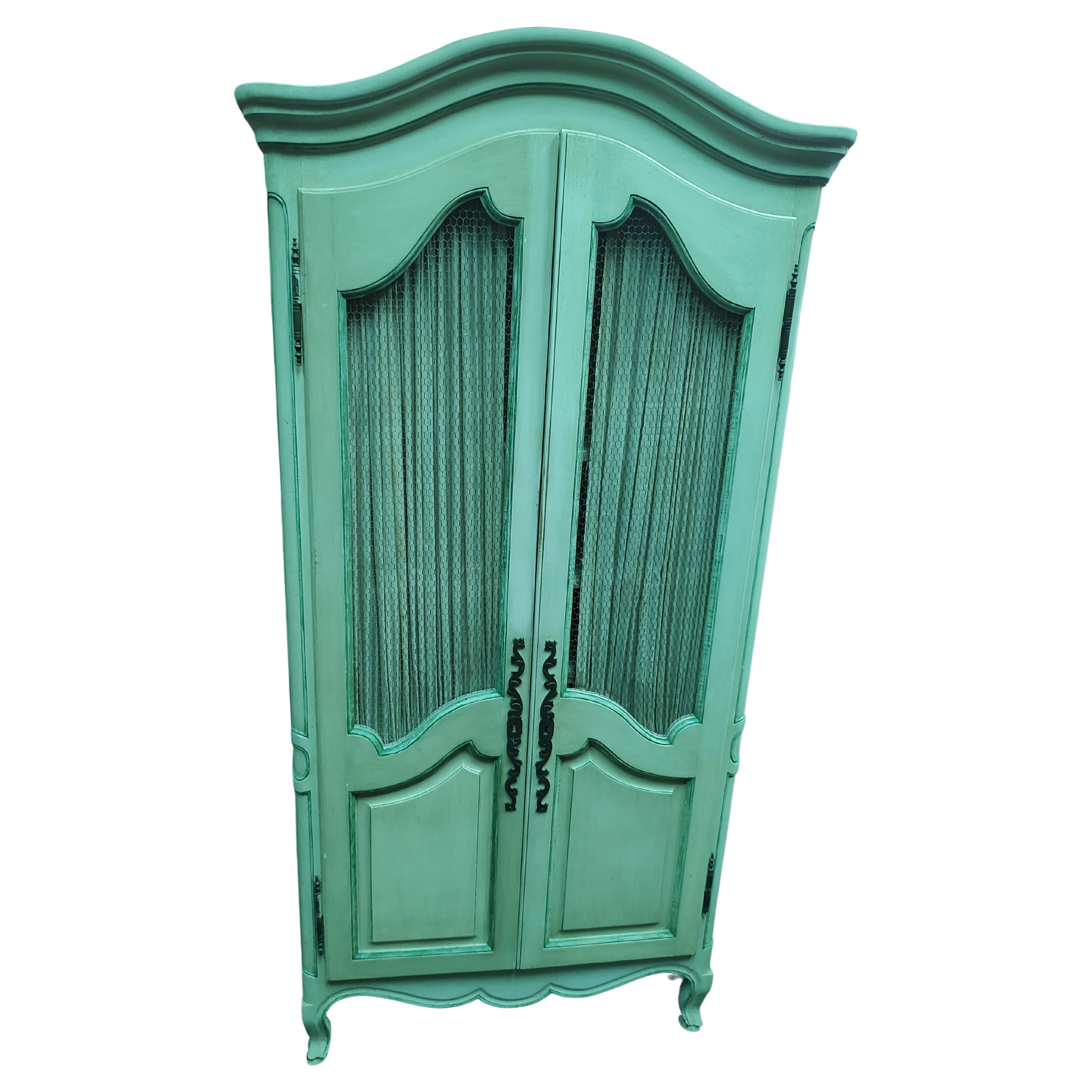 Mid Century French Styled Painted White Armoire w 5 Shelves & 3 Pullout Drawer For Sale
