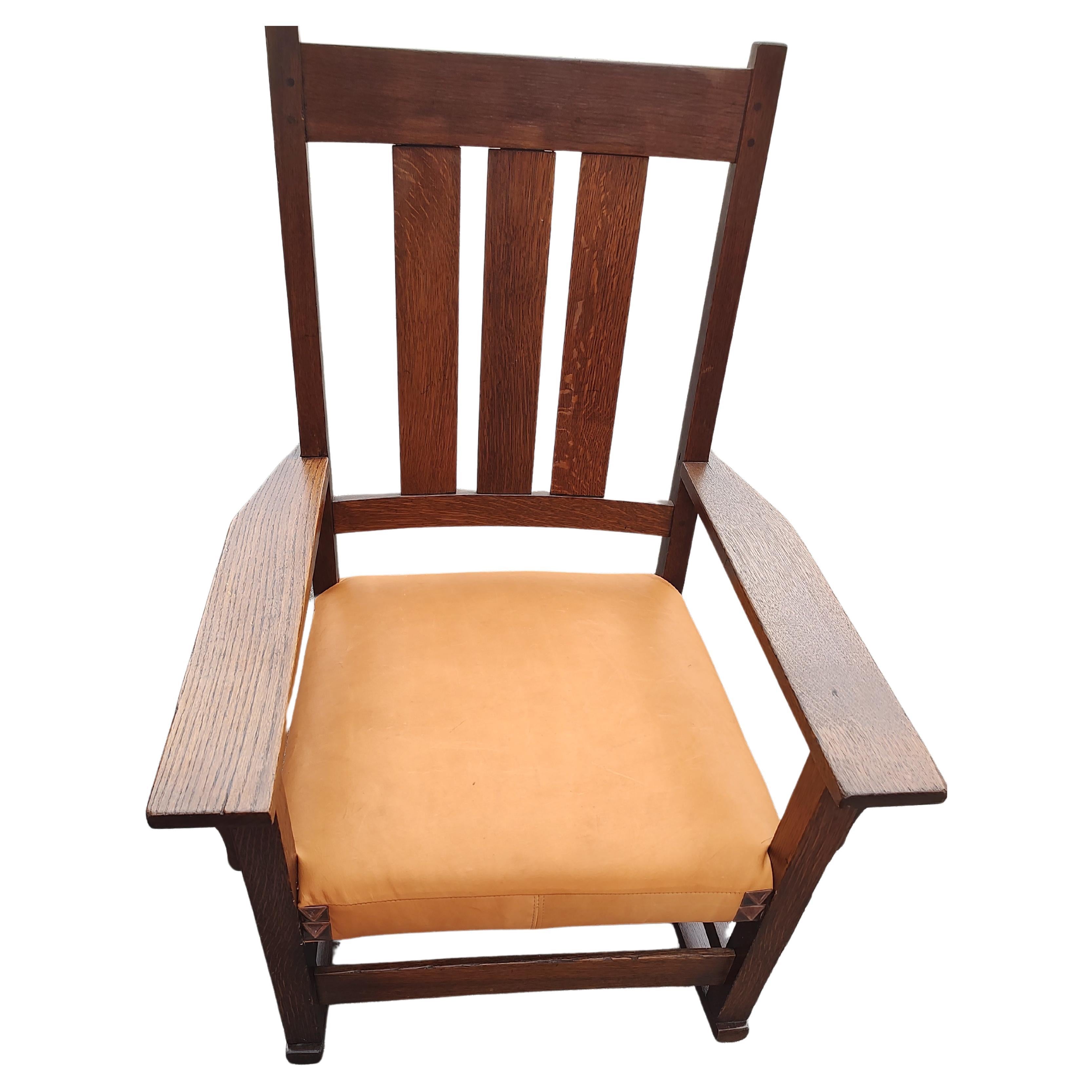 Arts & Crafts Mission Rocker by Gustav Stickley with New Leather Seat For Sale