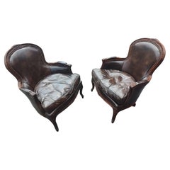 Pair of Midcentury French Bergeres in Brown Leather & Walnut 1965