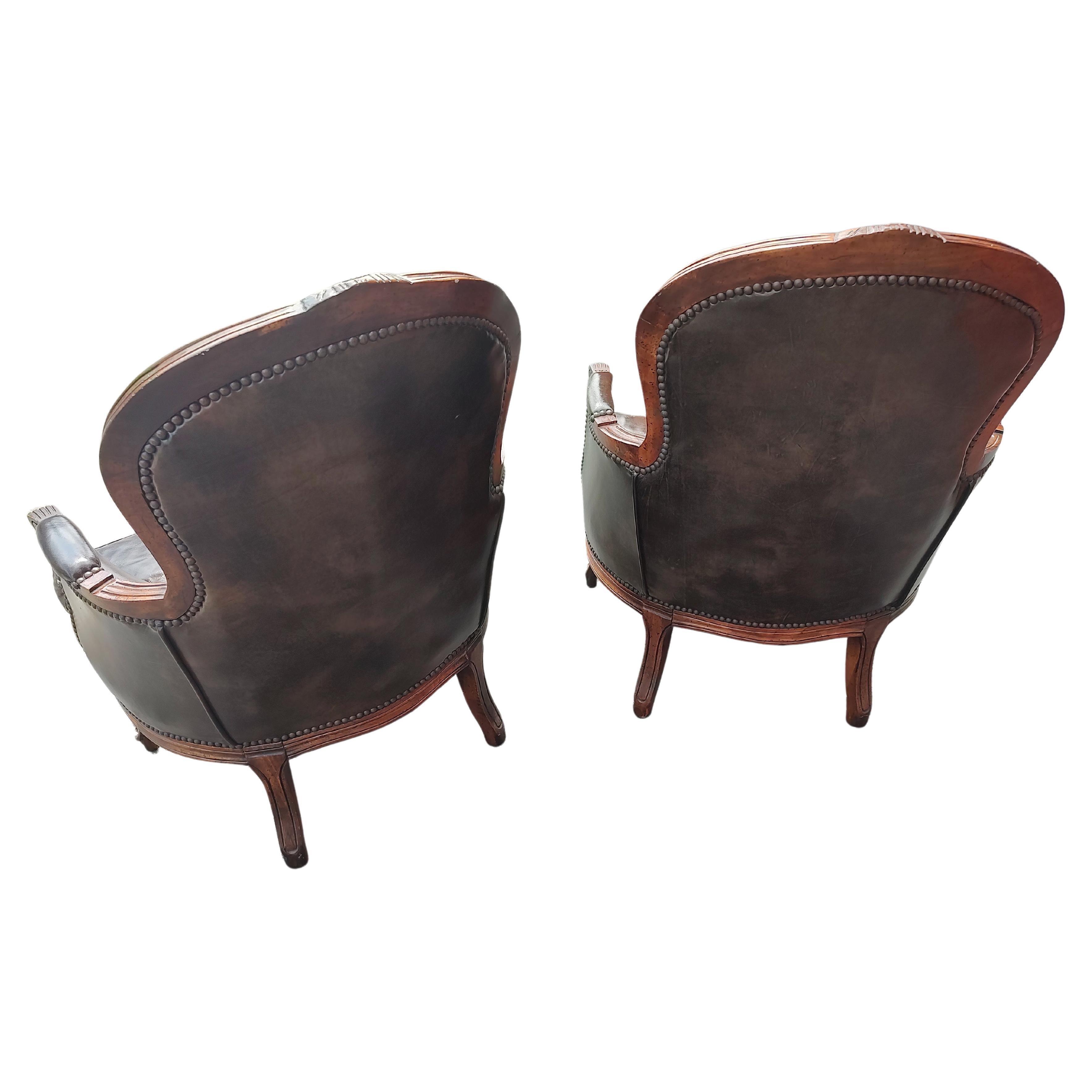 Pair of Midcentury French Bergeres in Brown Leather & Walnut 1965 For Sale 1