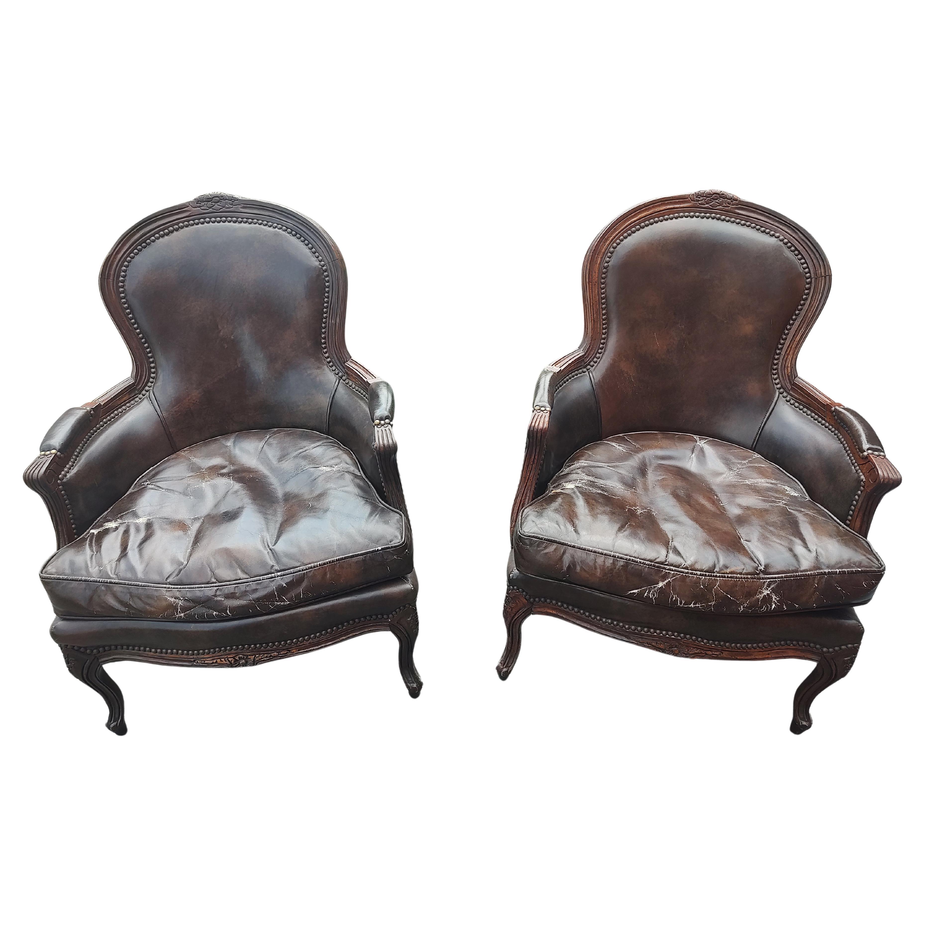 Pair of Midcentury French Bergeres in Brown Leather & Walnut 1965 For Sale