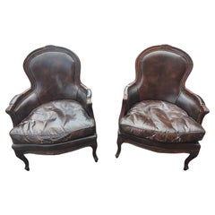 Vintage Pair of Midcentury French Bergeres in Brown Leather & Walnut 1965
