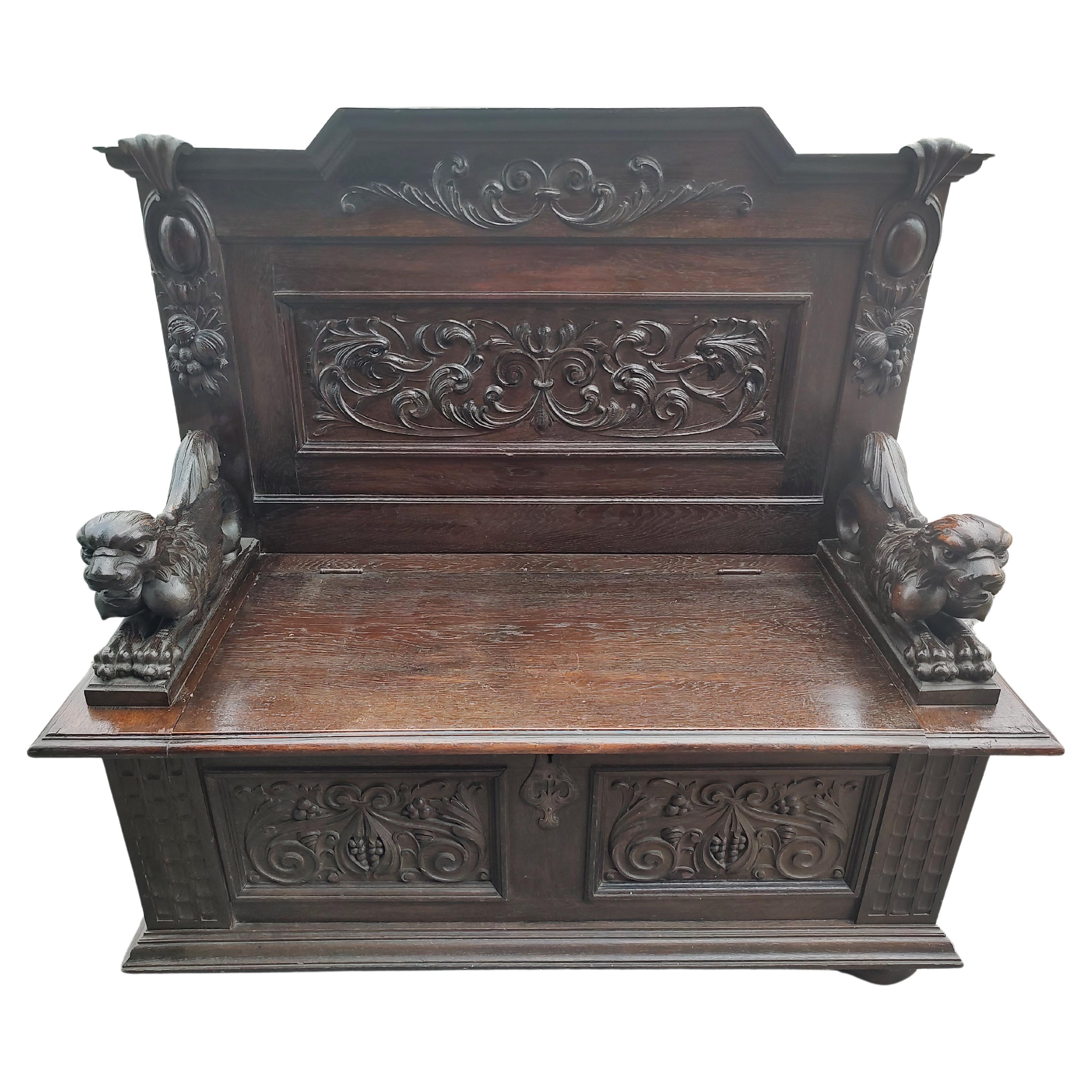 19th Century Highly Carved English Oak Bench Hall Seat w Carved Lions & Dragons