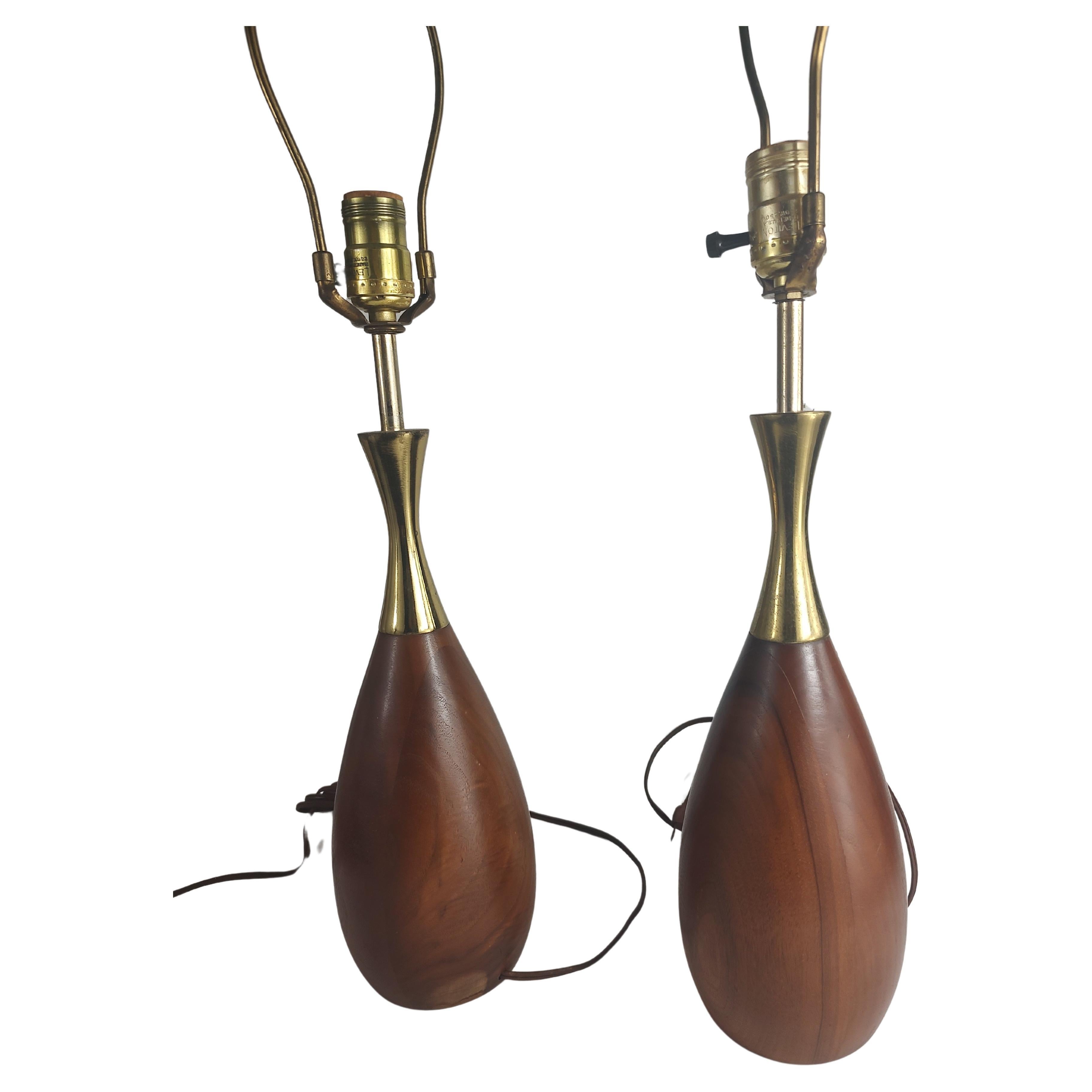 Mid-Century Modern Walnut & Brass Table Lamps Bowling Pin Form Tony Paul  