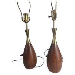 Mid-Century Modern Walnut & Brass Table Lamps Bowling Pin Form Tony Paul