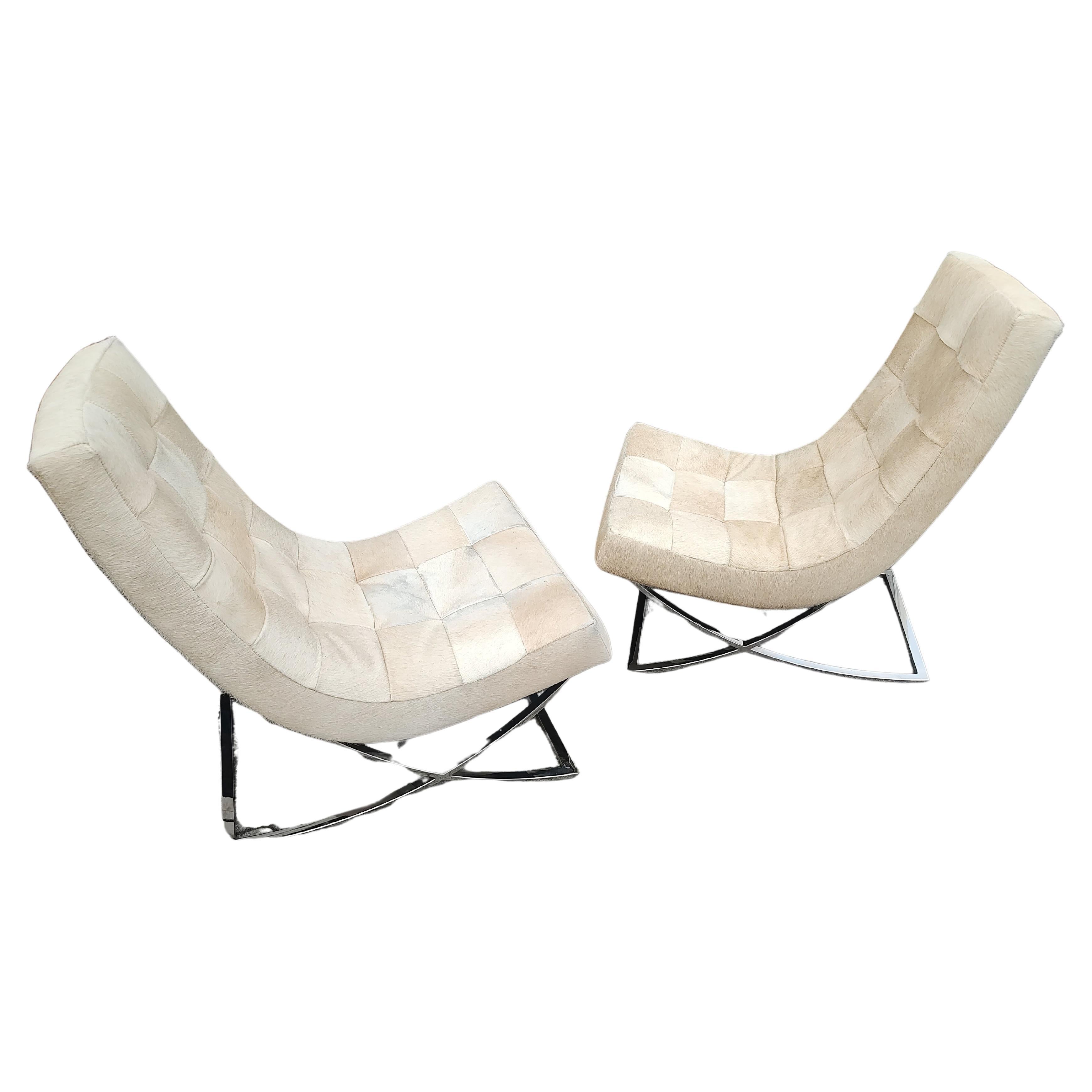 Pair of Williams Sonoma James Lounge Chairs with Hair on Hide & X Chrome Bases For Sale 1