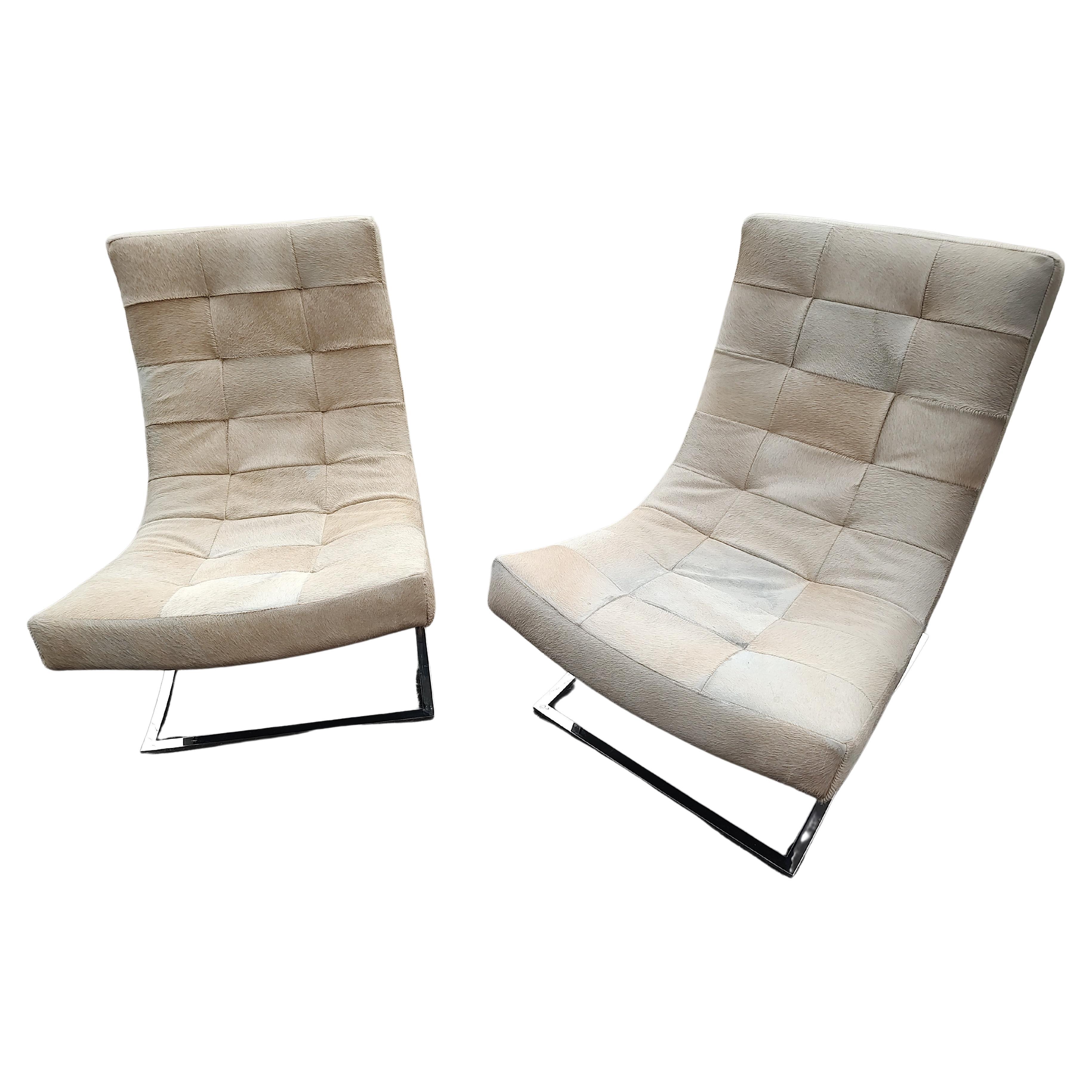 Steel Pair of Williams Sonoma James Lounge Chairs with Hair on Hide & X Chrome Bases For Sale