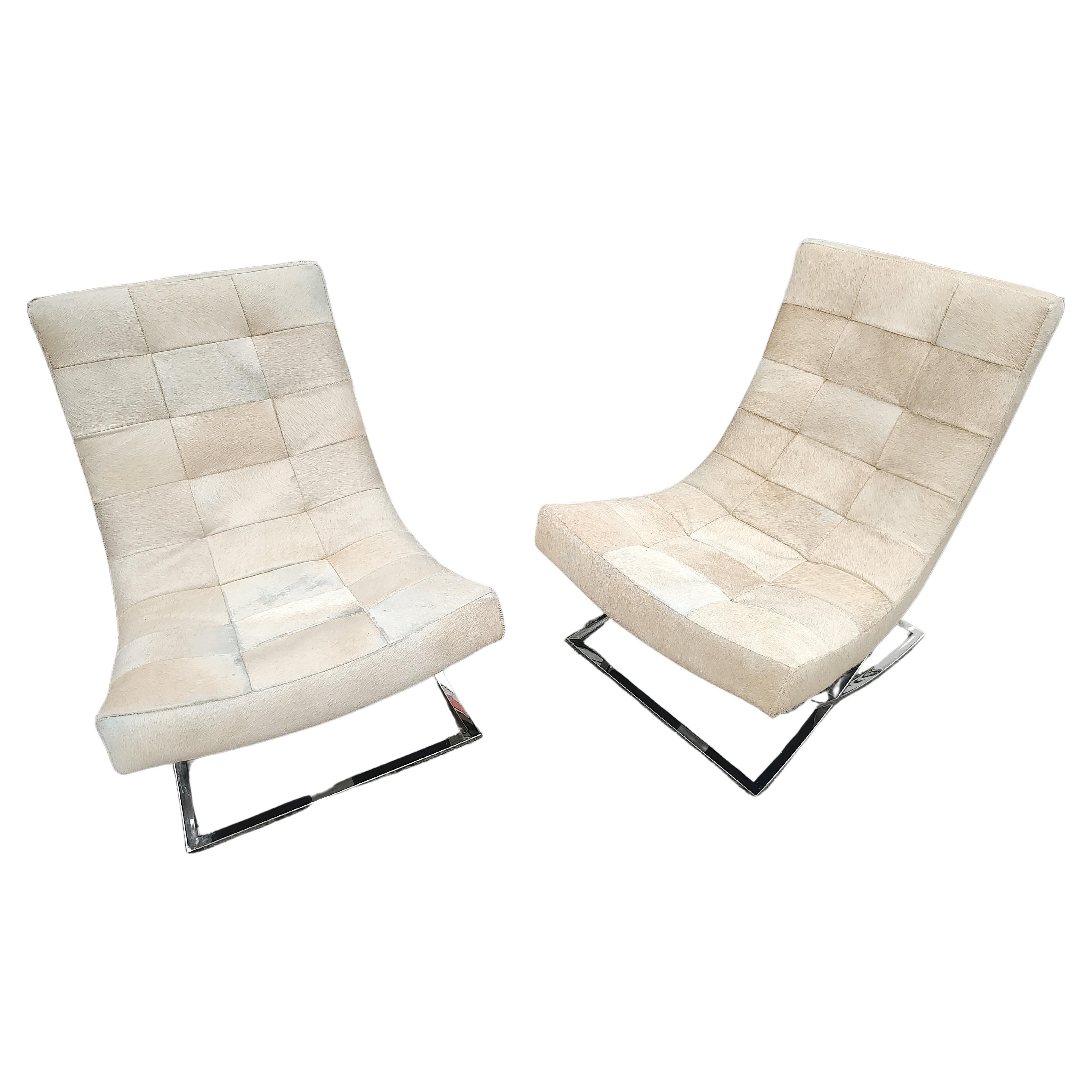Contemporary Pair of Williams Sonoma James Lounge Chairs with Hair on Hide & X Chrome Bases For Sale