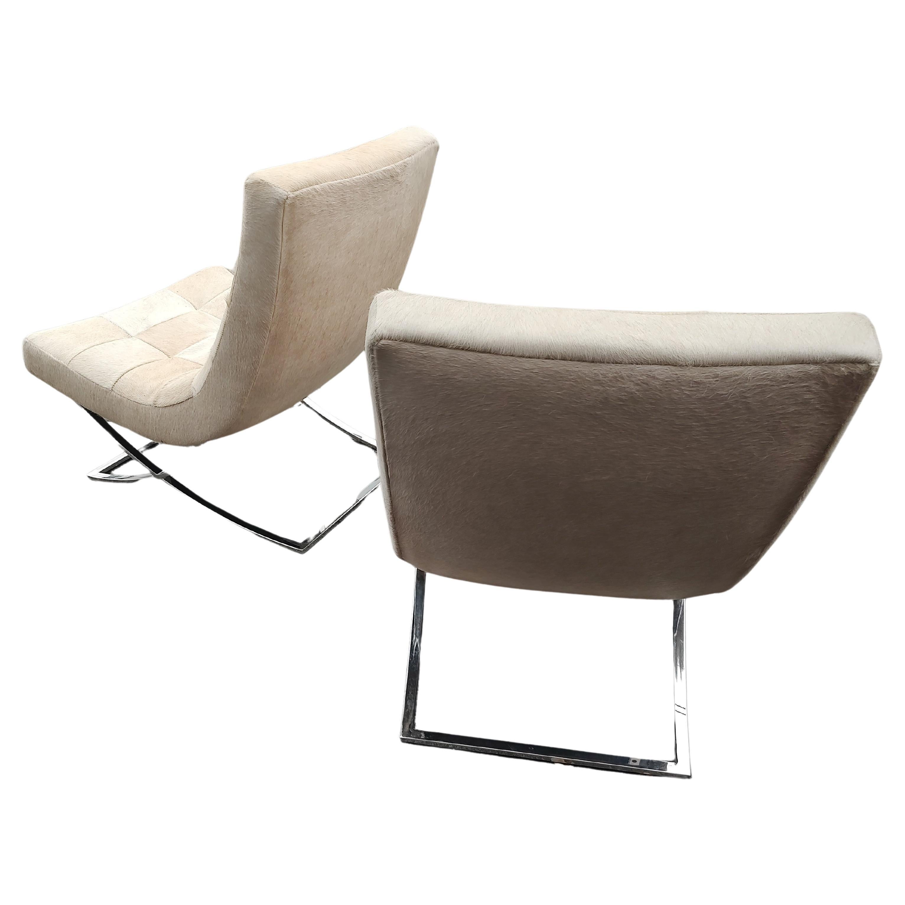 Pair of Williams Sonoma James Lounge Chairs with Hair on Hide & X Chrome Bases In Good Condition For Sale In Port Jervis, NY