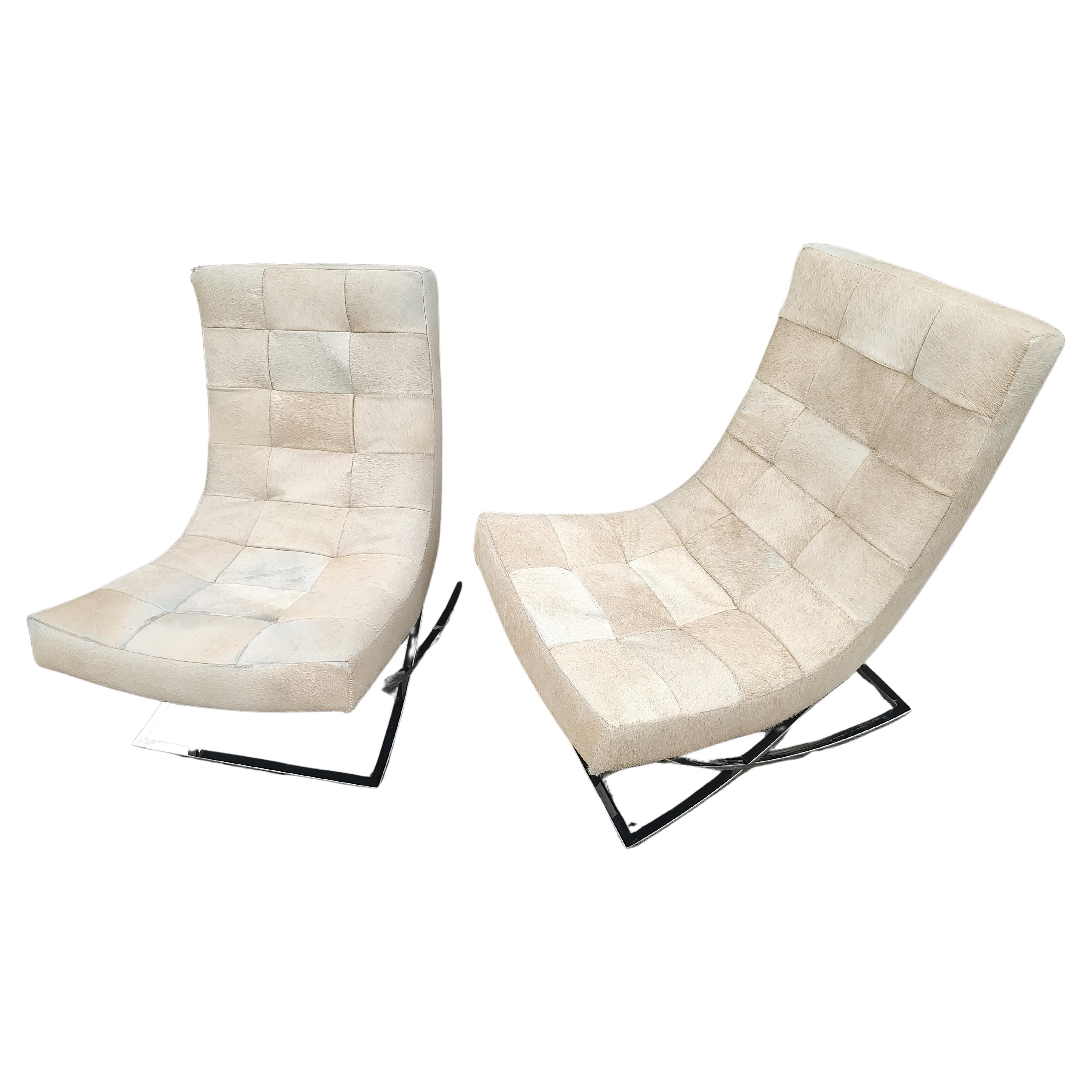 Hand-Crafted Pair of Williams Sonoma James Lounge Chairs with Hair on Hide & X Chrome Bases For Sale