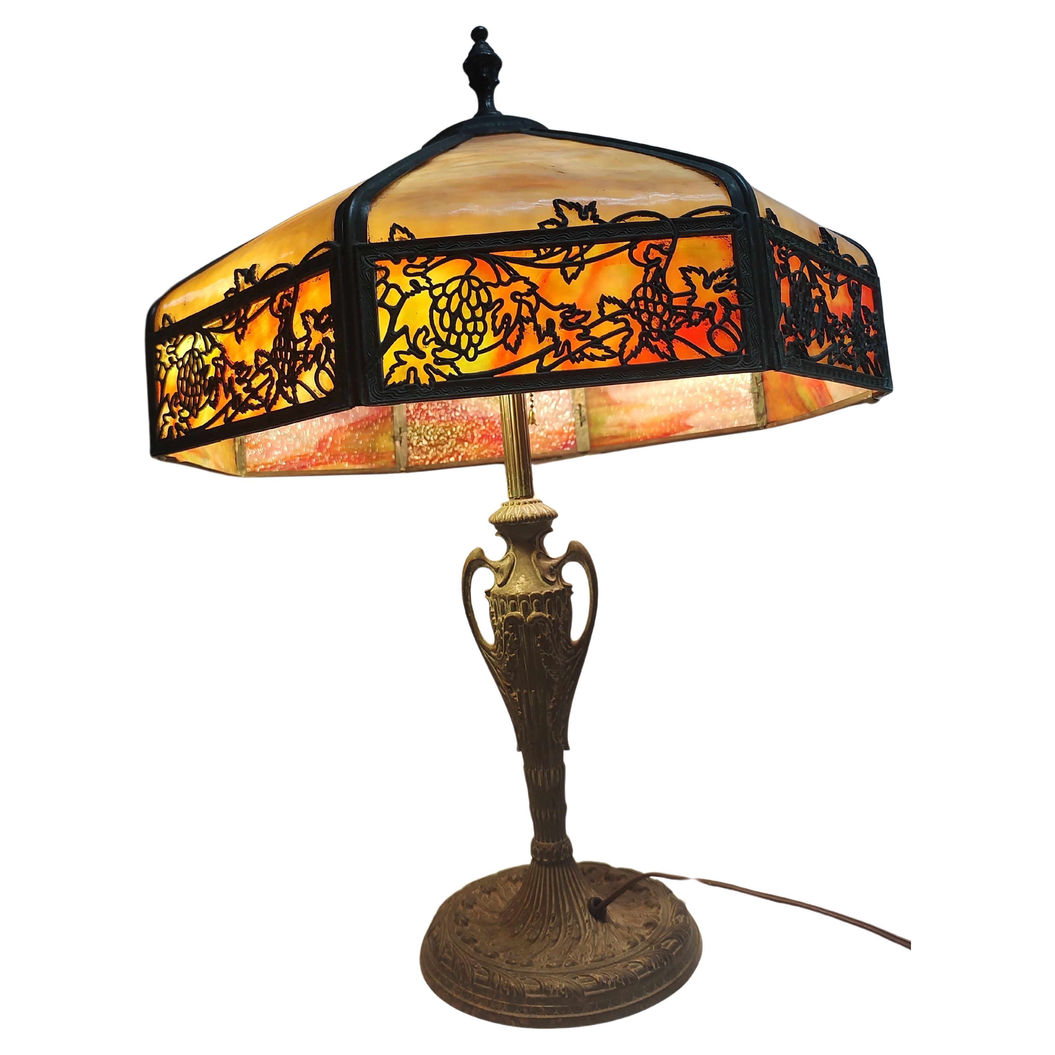Arts and Crafts Early 20thc Bent Slag Glass Paneled Bronze Table Lamp style of Handel  For Sale