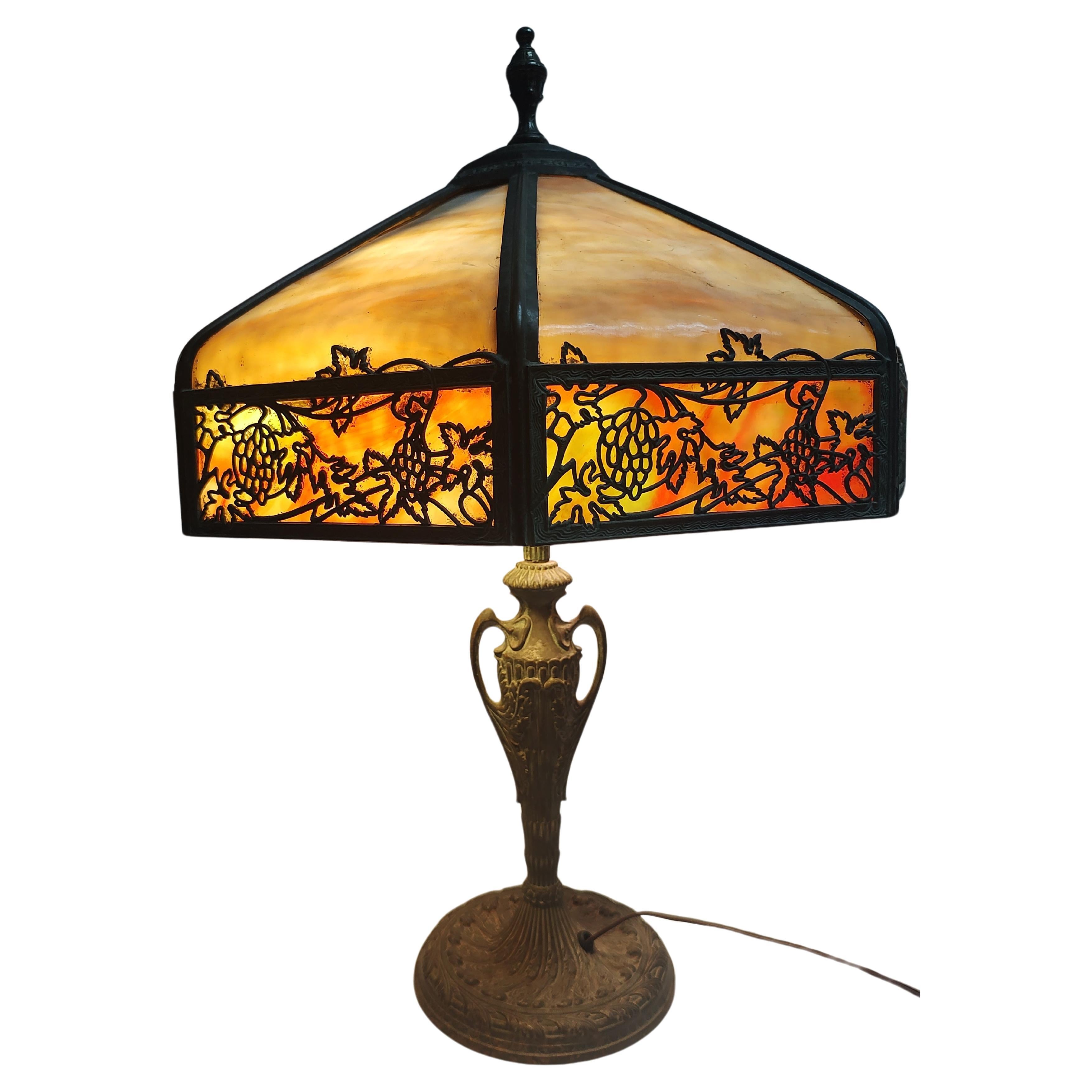 Early 20thc Bent Slag Glass Paneled Bronze Table Lamp style of Handel
