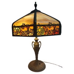 Vintage Early 20thc Bent Slag Glass Paneled Bronze Table Lamp style of Handel 
