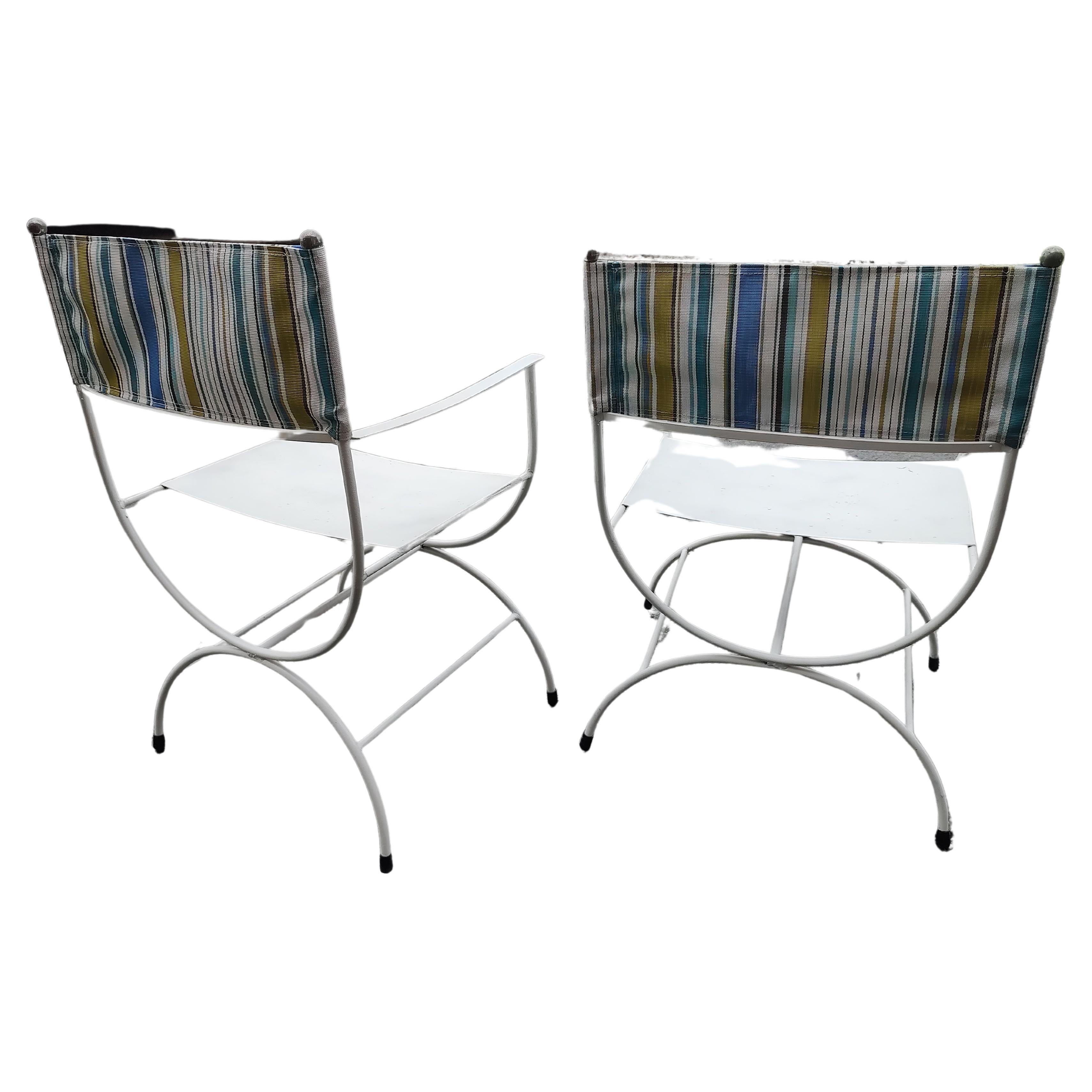 Brass Pair of Mid Century Modern Patio Directors Chairs with Sunbrella Backs 1960 For Sale