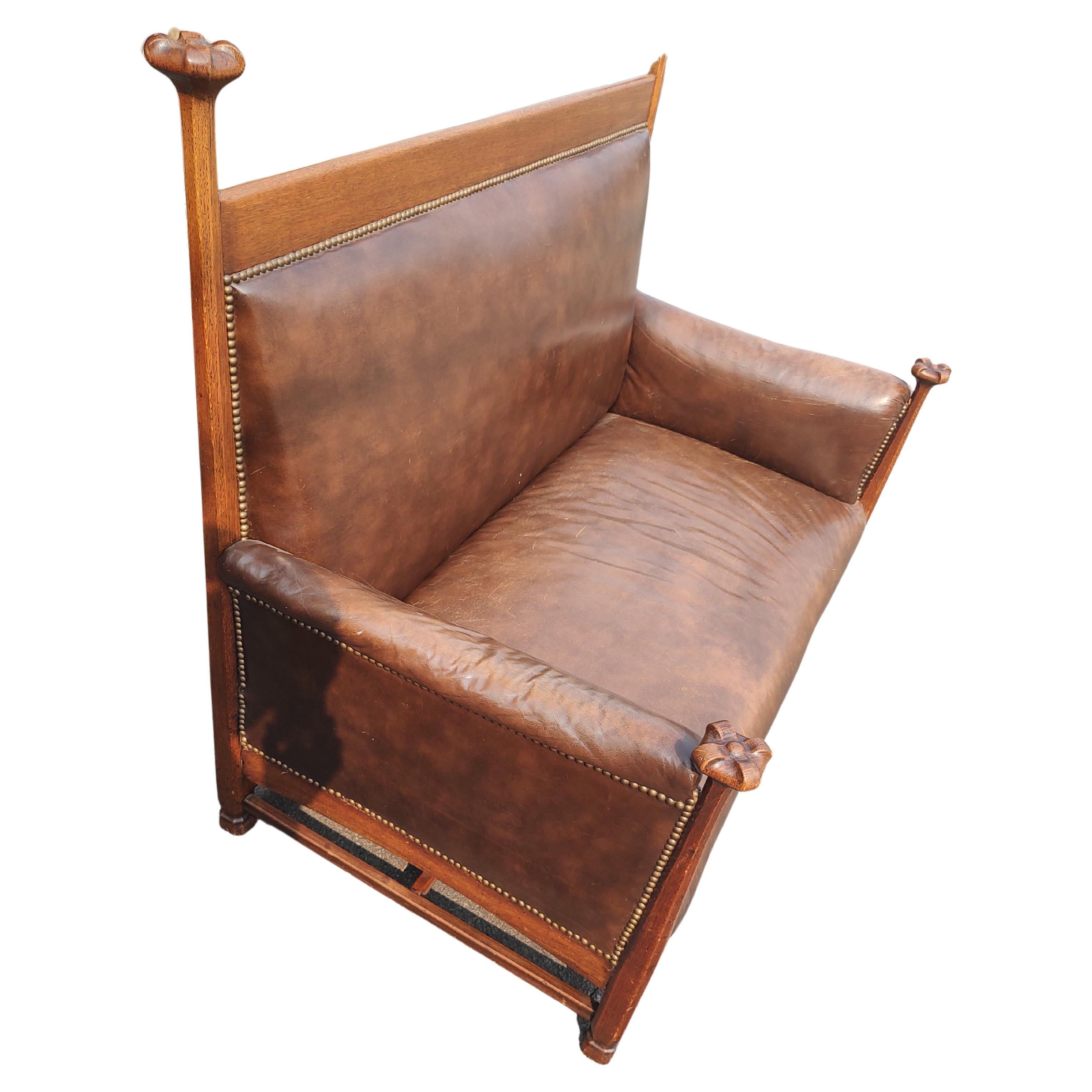 Brass Scottish Arts & Crafts Leather and Oak Loveseat attributed to Wylie & Lochhead For Sale
