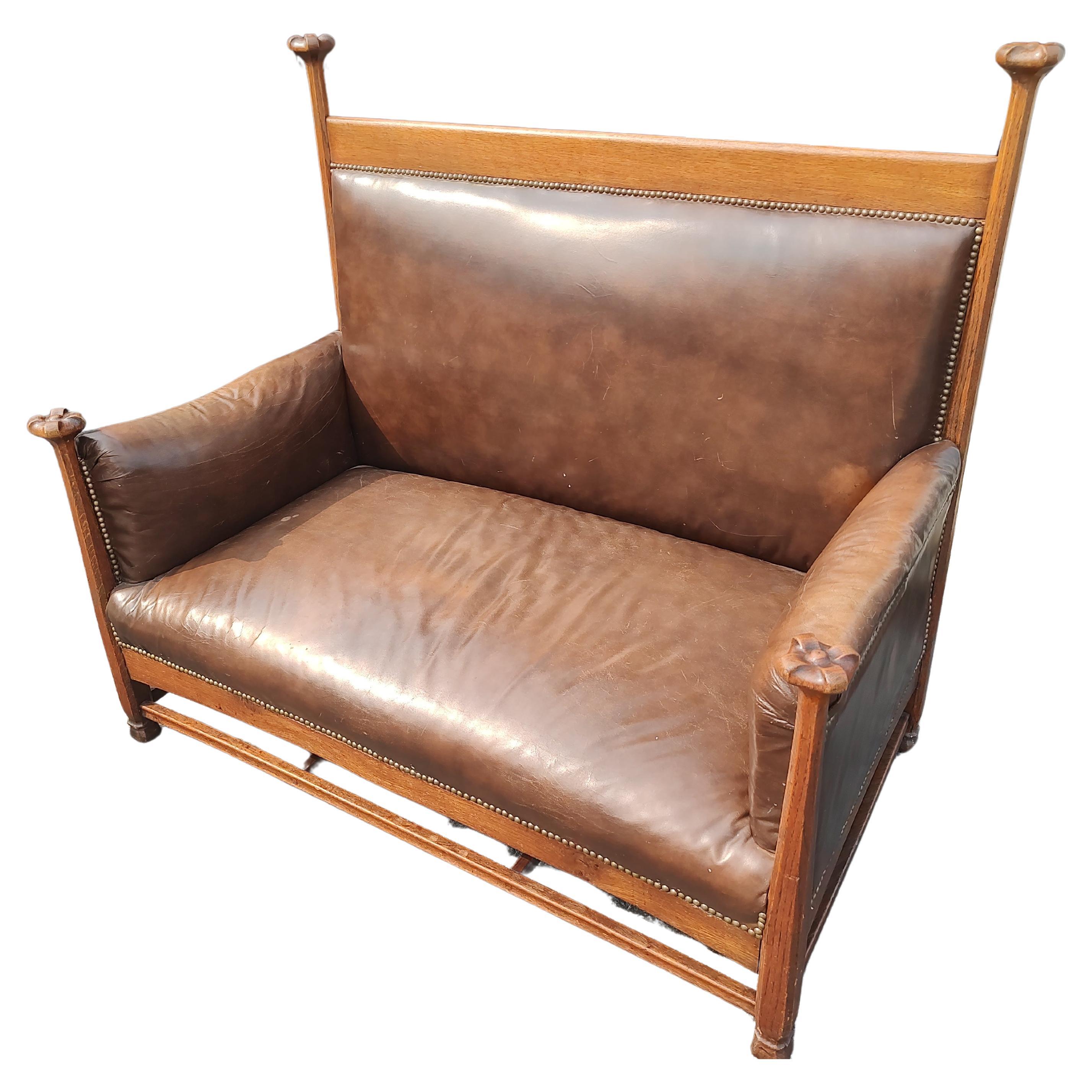 Scottish Arts & Crafts Leather and Oak Loveseat attributed to Wylie & Lochhead For Sale