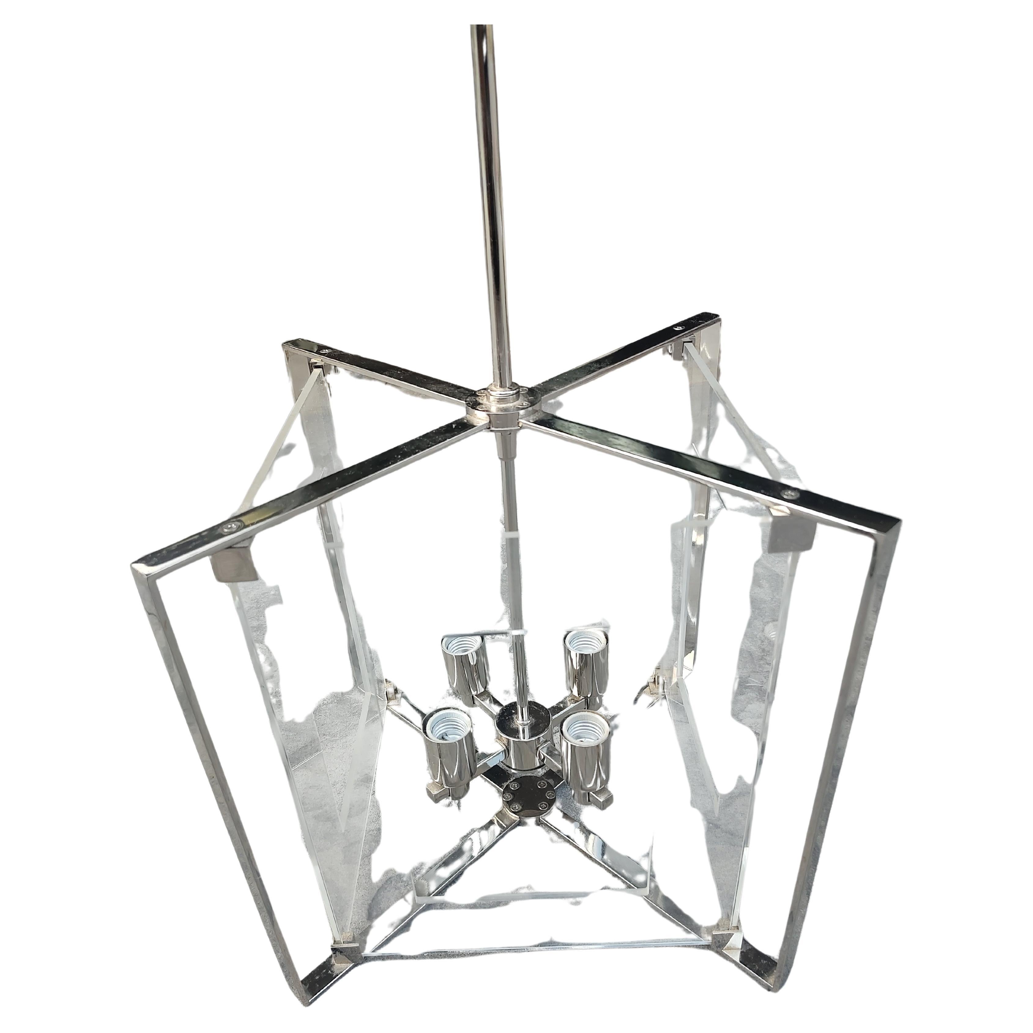 Mid-Century Modern Pair of Mid Century Modern Lucite with Chrome Hanging Pendant Lamps  For Sale
