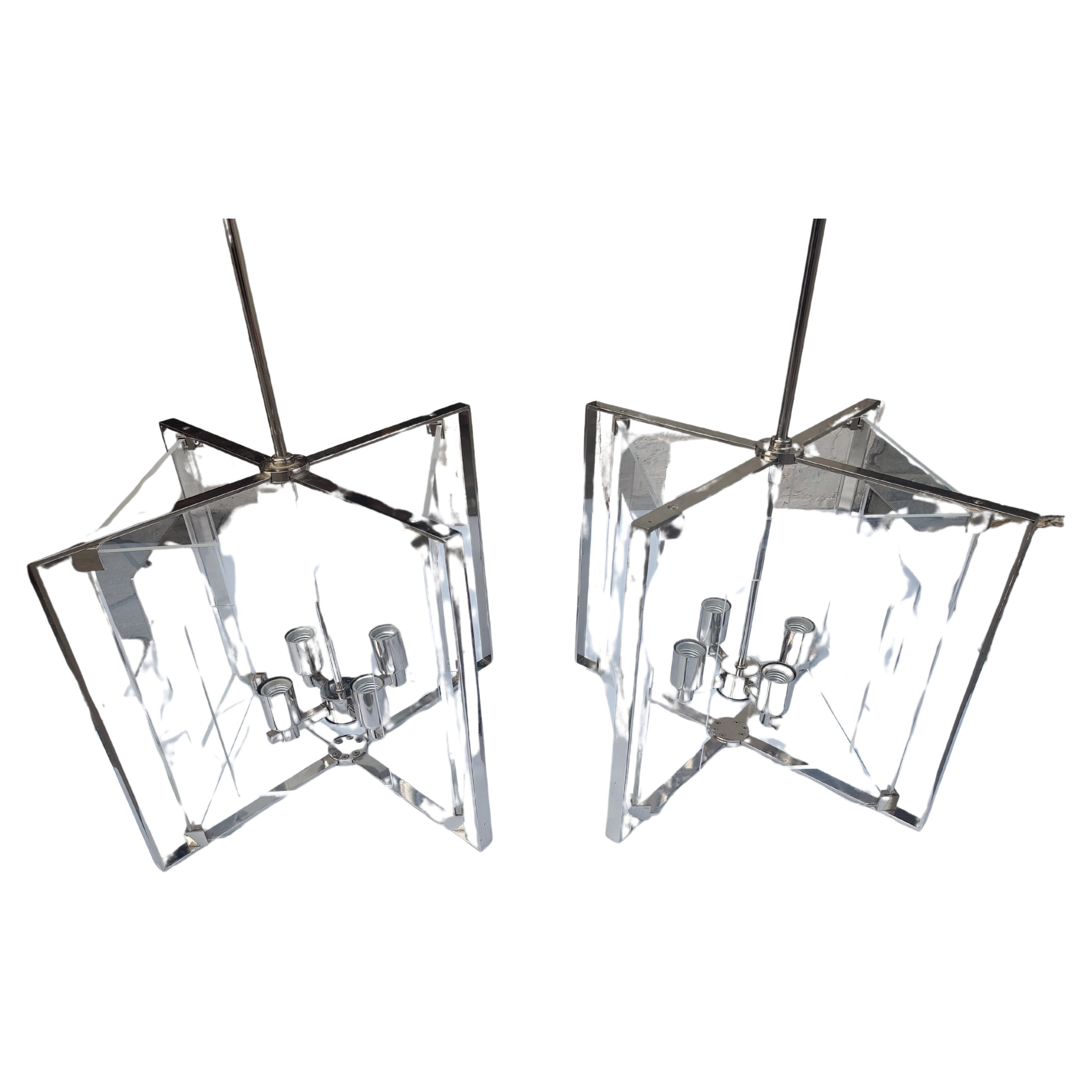Pair of Mid Century Modern Lucite with Chrome Hanging Pendant Lamps  For Sale