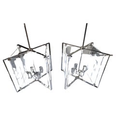 Pair of Mid Century Modern Lucite with Chrome Hanging Pendant Lamps 