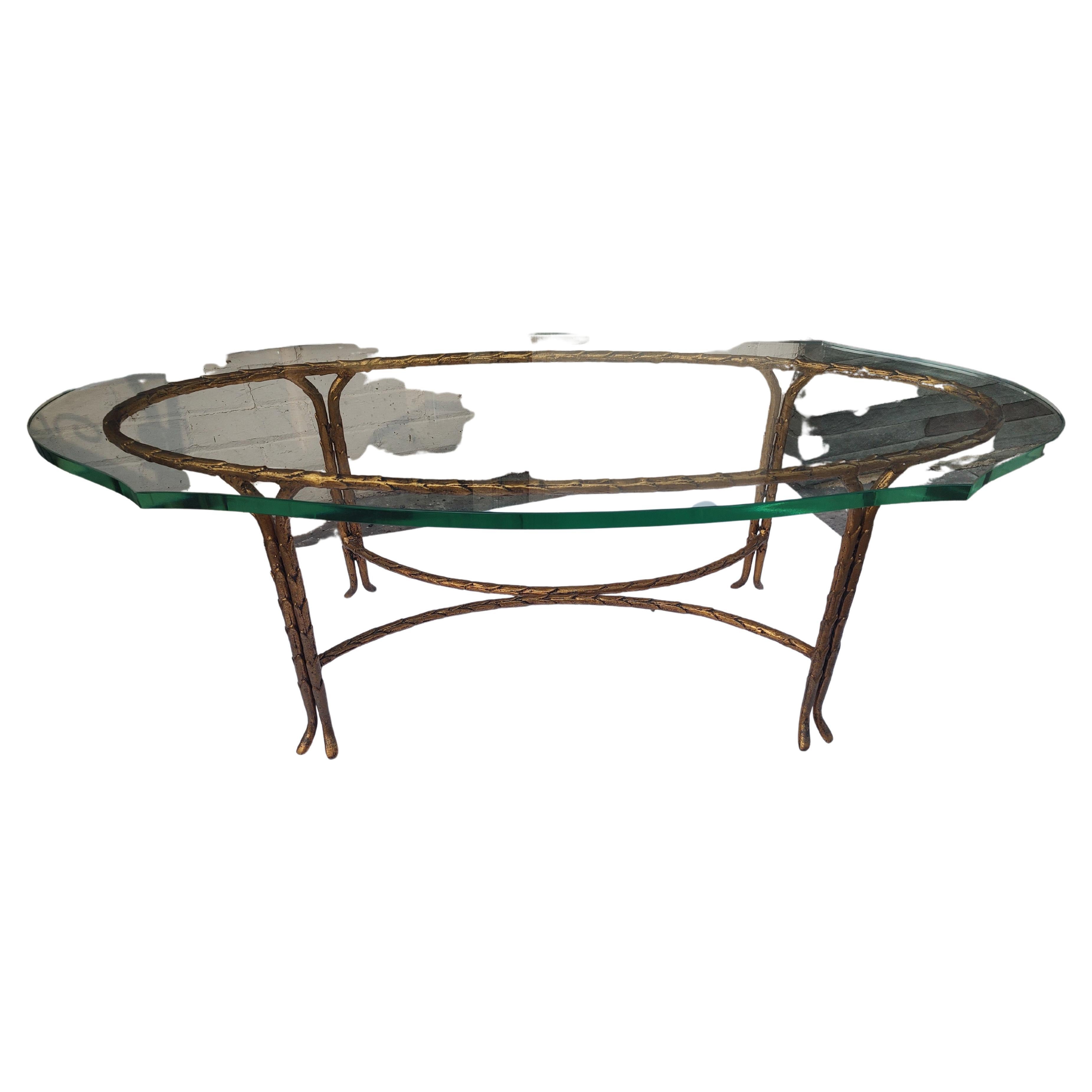 Mid-Century Modern Mid Century Modern Gilt Oval with Turtle Top Glass Cocktail Table Maison Bagues For Sale