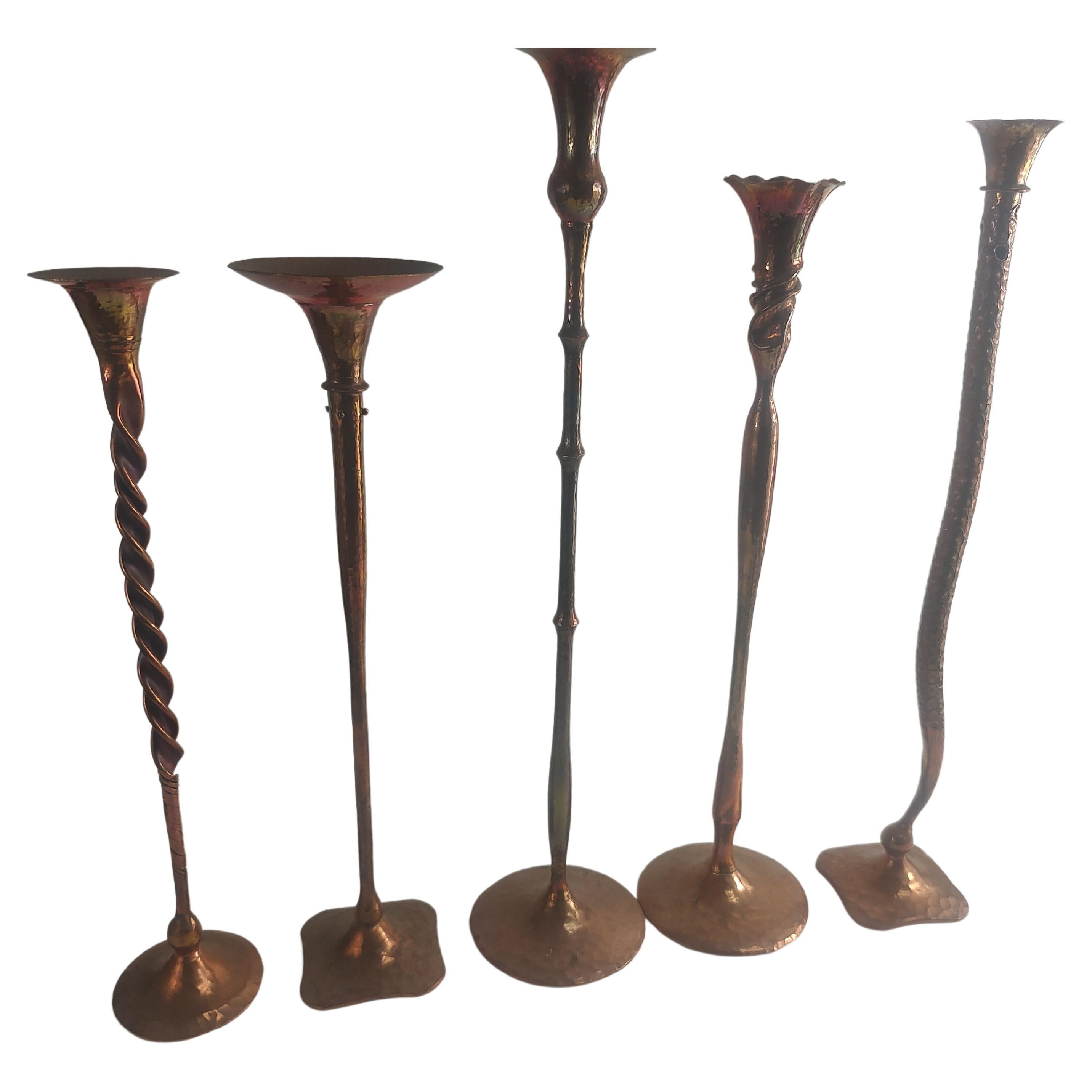 Arts and Crafts Mid Century Arts & Crafts Copper Candlesticks by Hessel Studios Hand Hammered For Sale