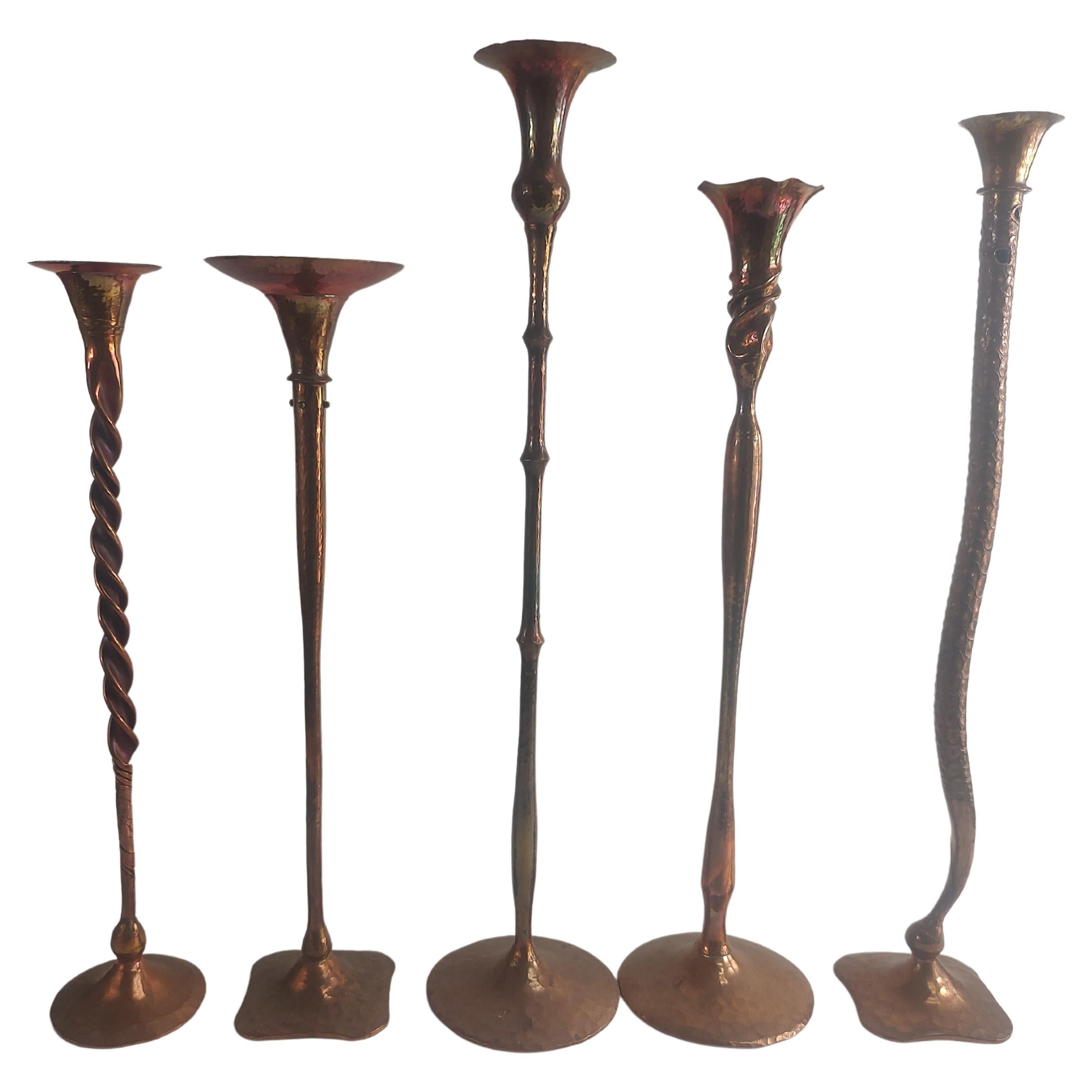 Mid Century Arts & Crafts Copper Candlesticks by Hessel Studios Hand Hammered For Sale